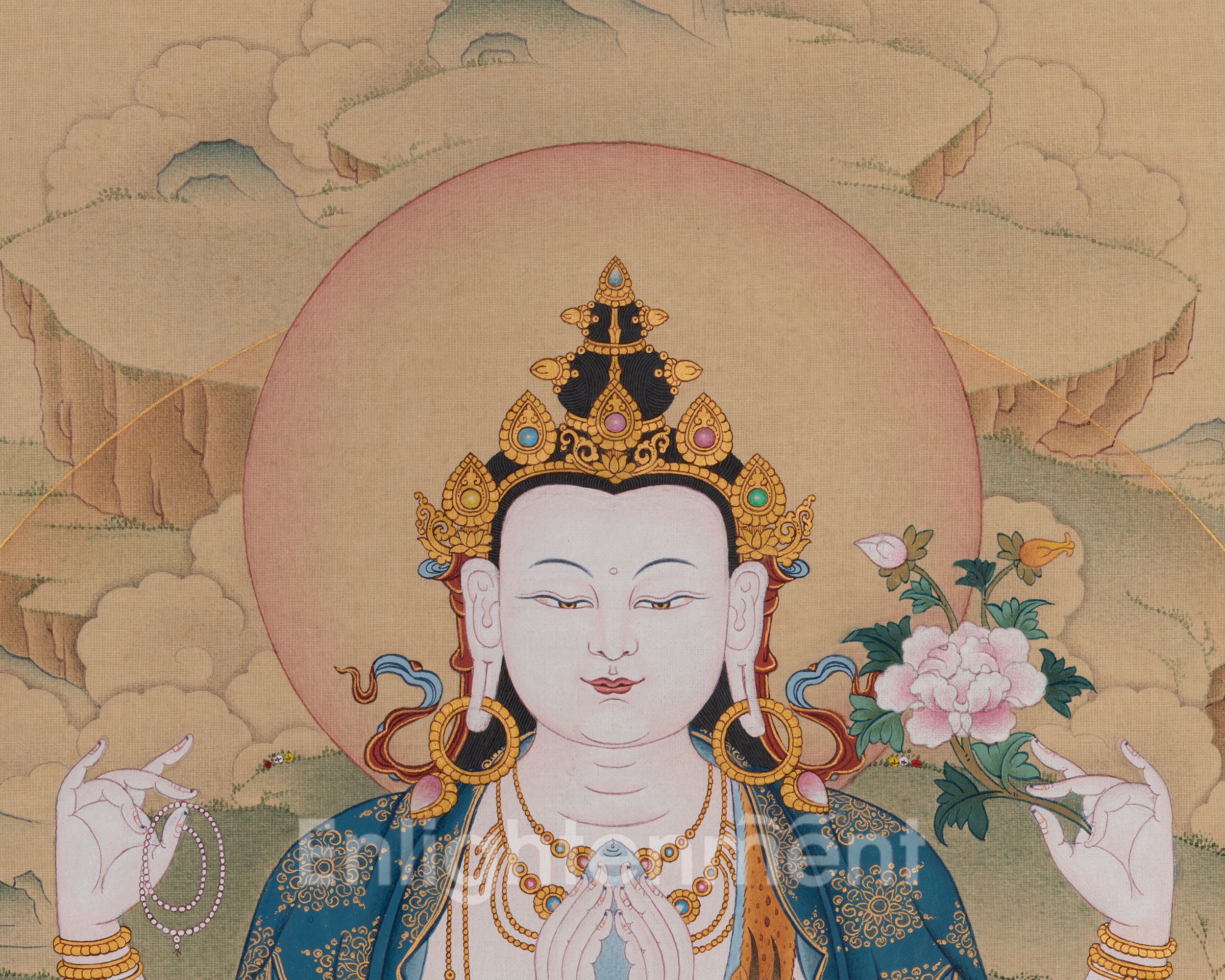 The Compassionate Buddha, Four Armed Chenresig Thangka | Exclusive Artwork with Lhasa Stone Hues