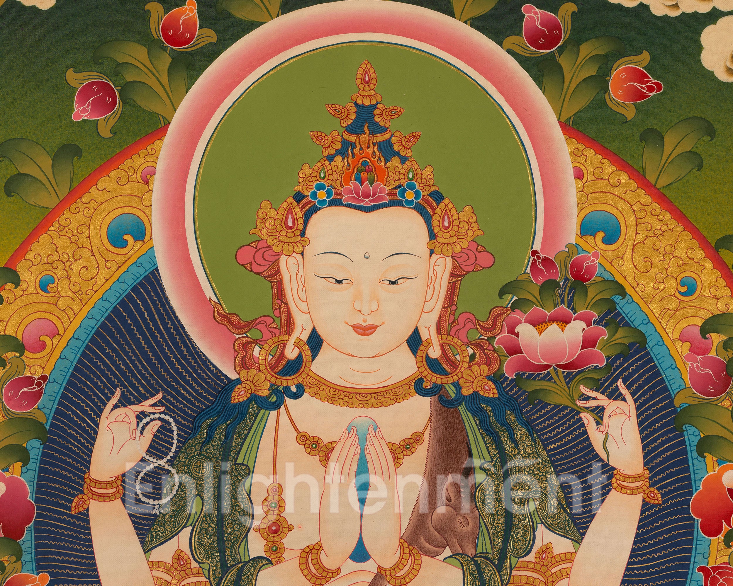 Bodhisattva Four-Armed Chenrezig Thangka | Hand-Painted Deity of Compassion and Mercy