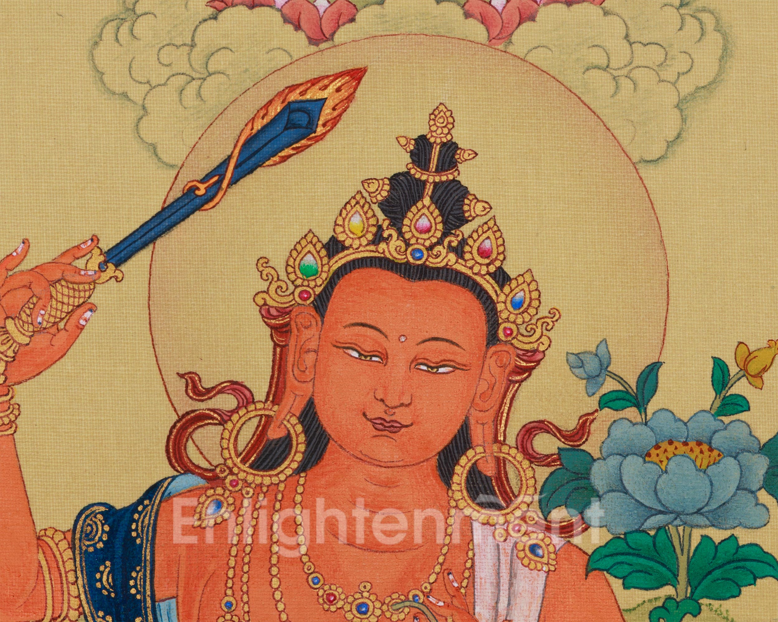 Bodhisattva Manjushri with Mitrupa Buddha Thangka | Divine Representation of Wisdom and Enlightened Meditation
