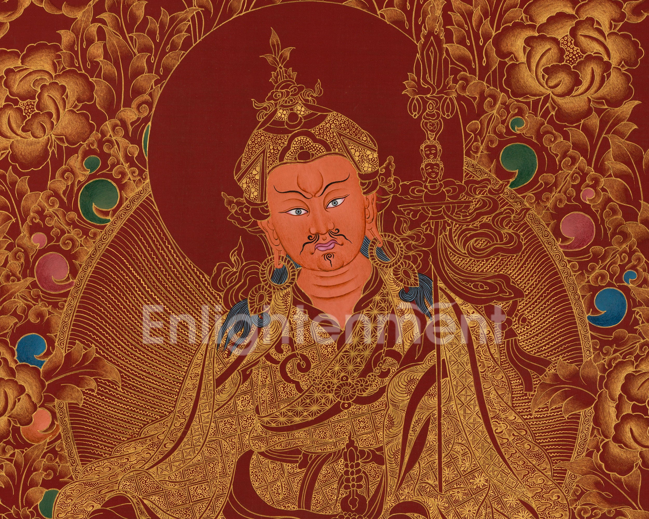 Lotus Born Guru Rinpoche Thangka | Buddhist Master in Red and Gold