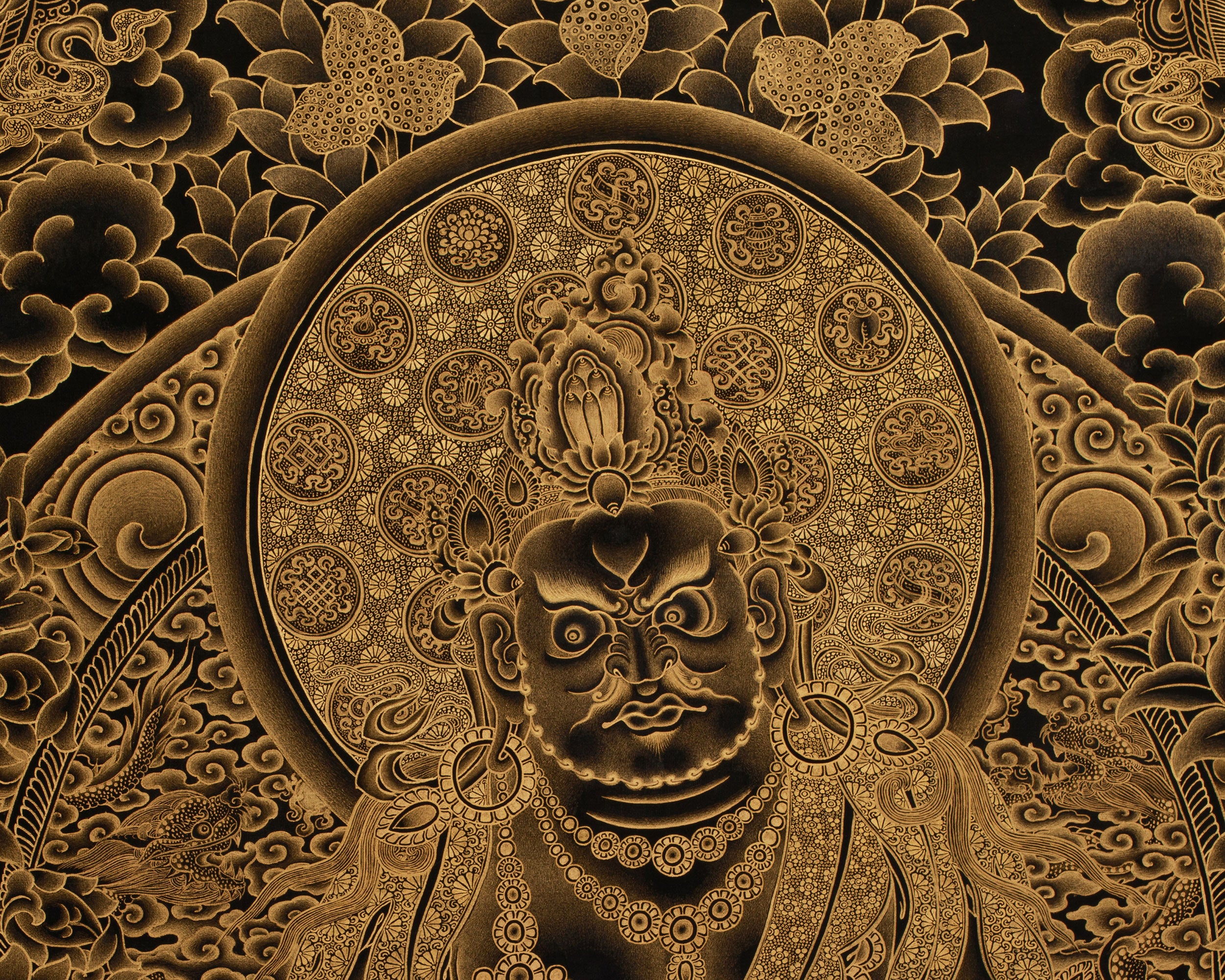 Gold on Black Five Dzambhalas Thangka | Hand-Painted Tibetan Wealth Deities