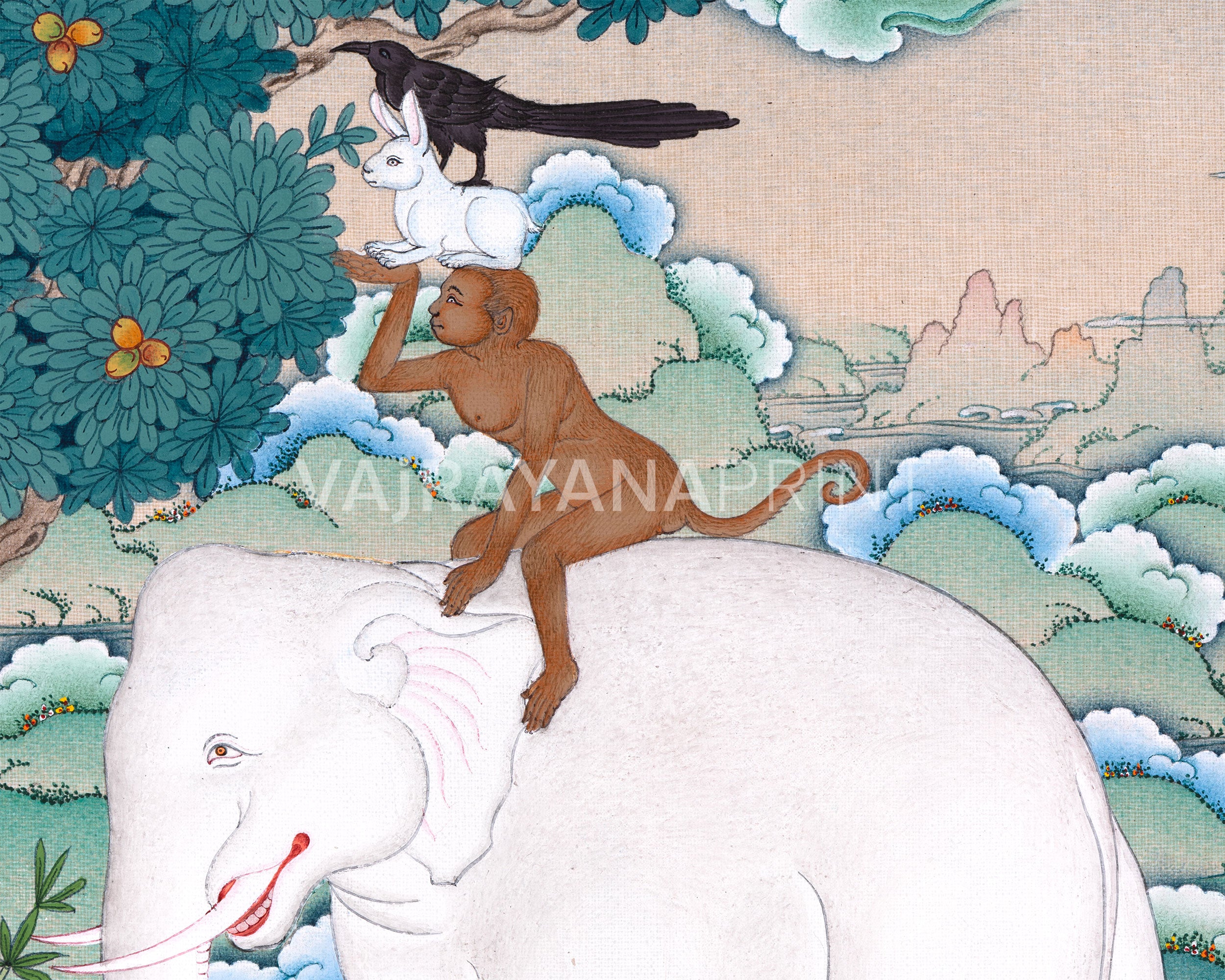 Thangka Print of the 4 Harmonious Friends | A Symbol of Friendship and Unity
