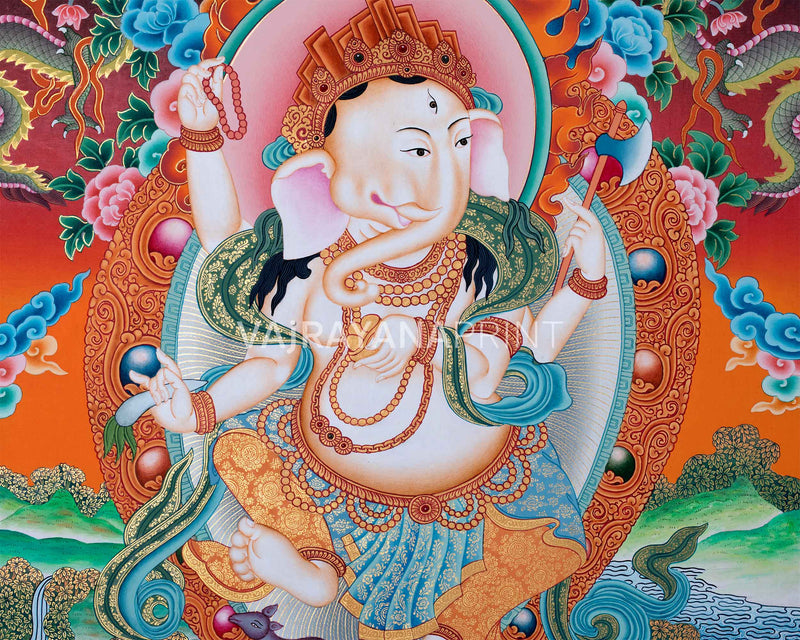 High-Quality Ganeshan God Giclee Print For Wall Hanging | Newari Paubha Print Of Hindu Deity