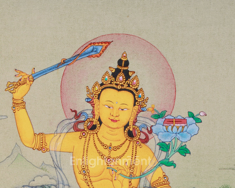 Manjushri: Detailed Small Thangka with Lhasa Stone Colors