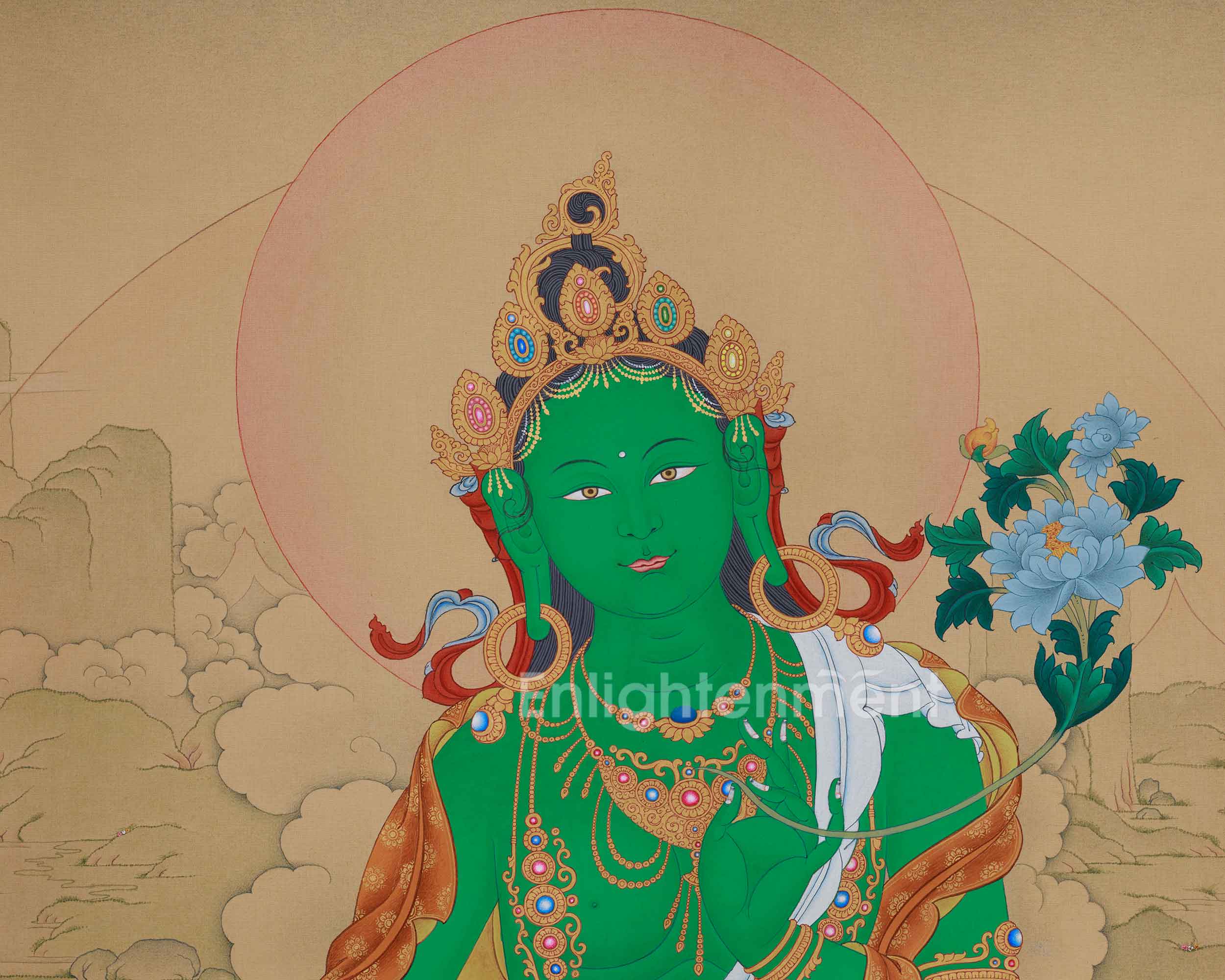 Savior Goddess Green Tara Thangka | Divine Artwork of the Compassionate Protector