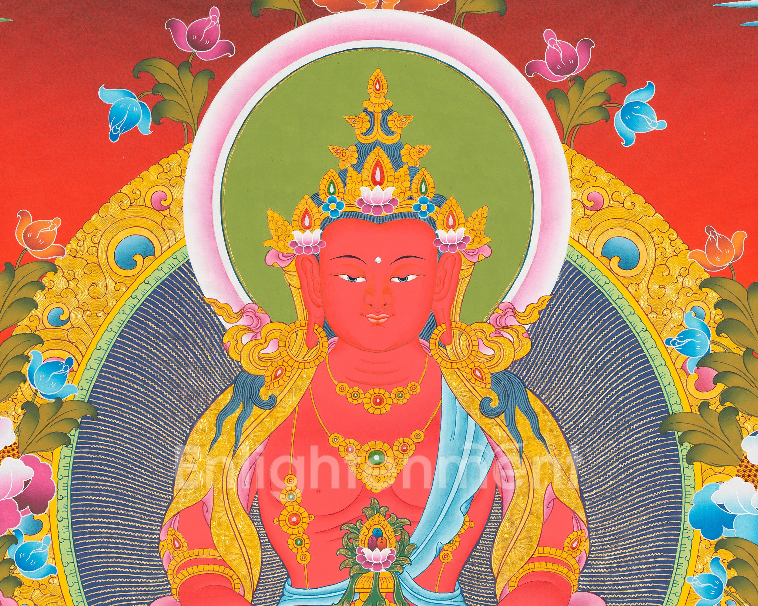 Hand-Painted Amitayus Buddha Thangka | Buddha of Longevity in Red Background