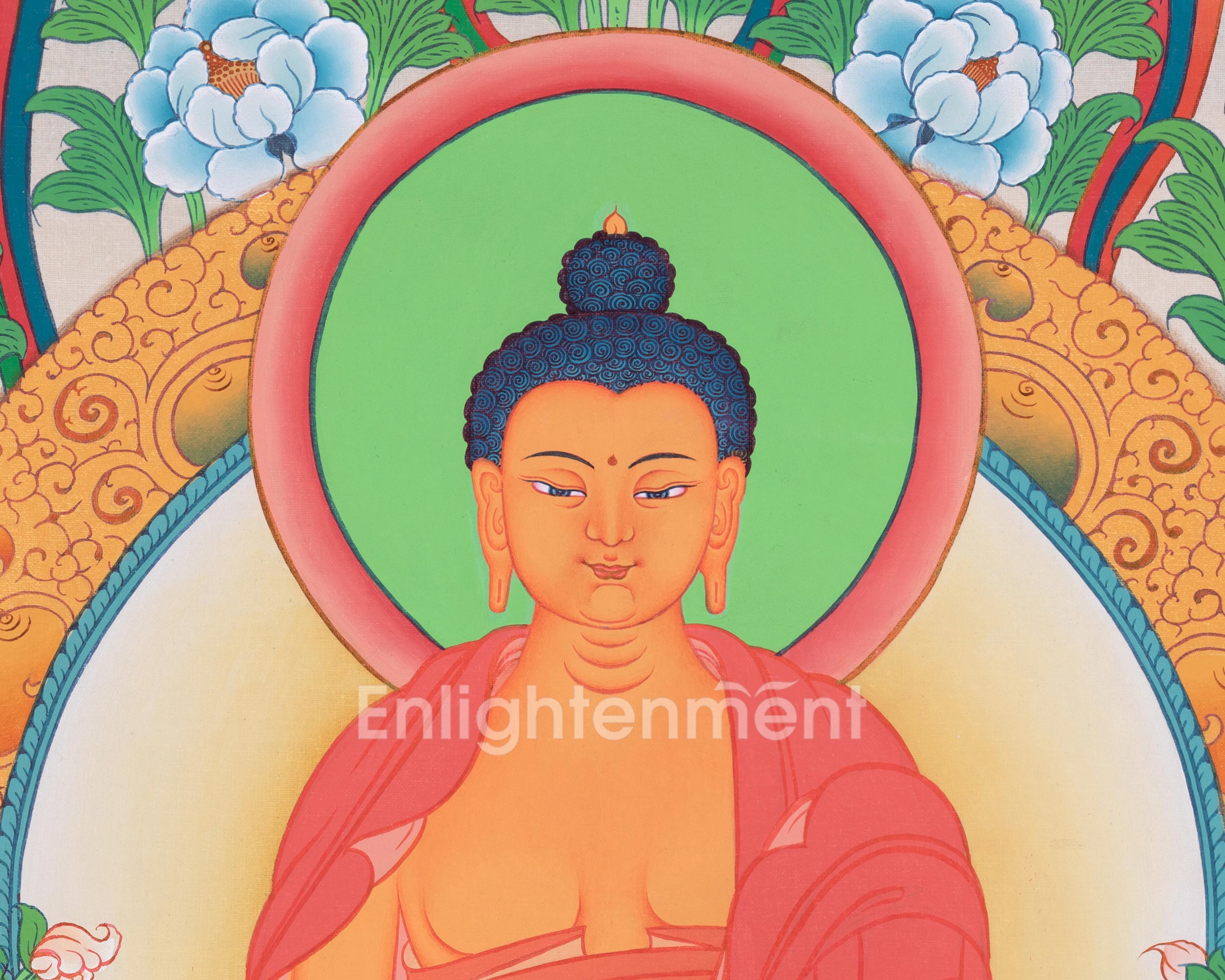 Buddha Shakyamuni Thangka | Featuring Two Disciples and Mantra | Tibetan Buddhist Arts