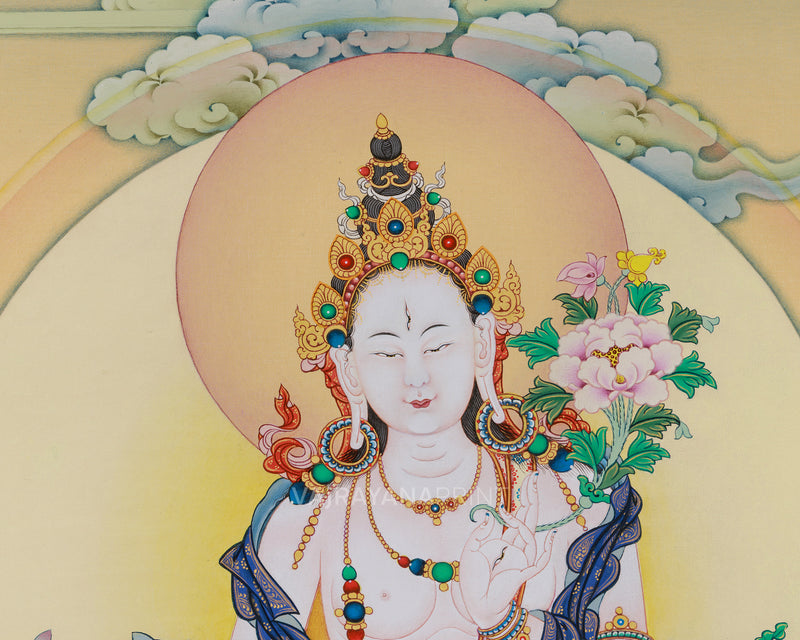 Buddhist White Tara Thangka Print on Canvas | Sacred Art of Compassion and Healing