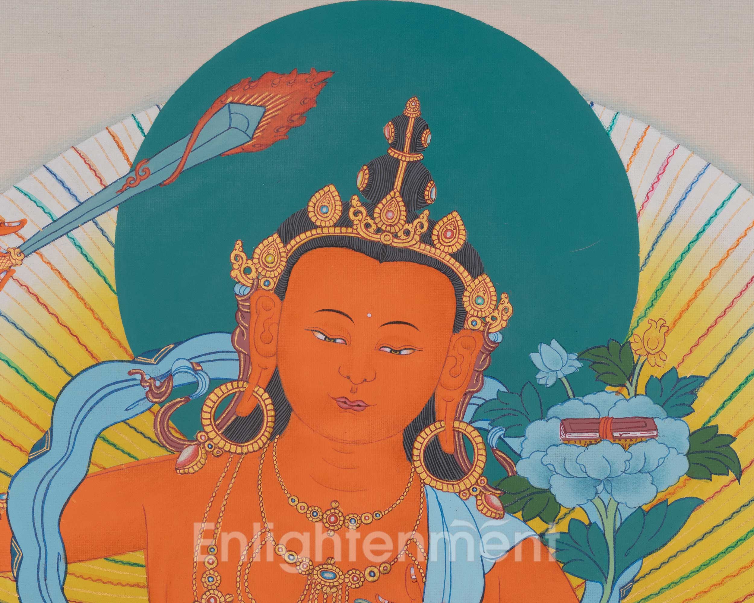 Manjushri Wisdom Deity Artwork | Tibetan Thangka of Enlightened Knowledge