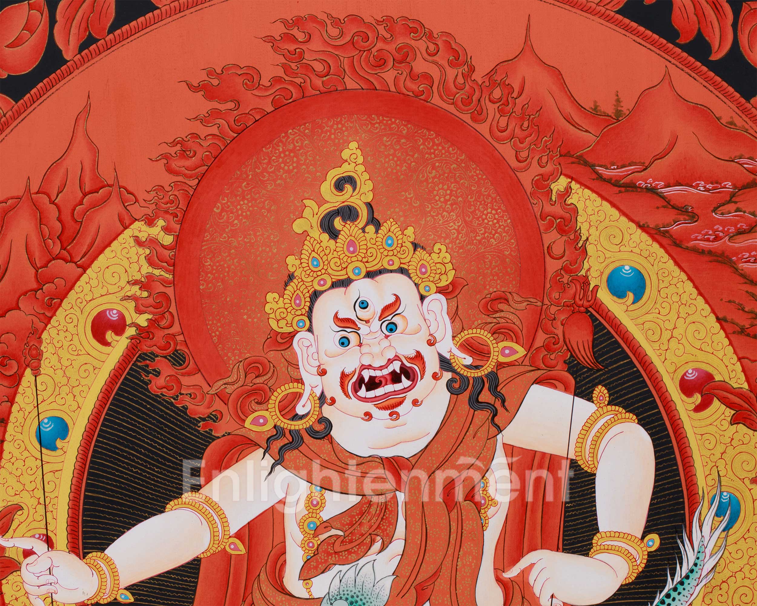 Large White Dzambhala Thangka on Black Canvas | Abundance and Spiritual Protection