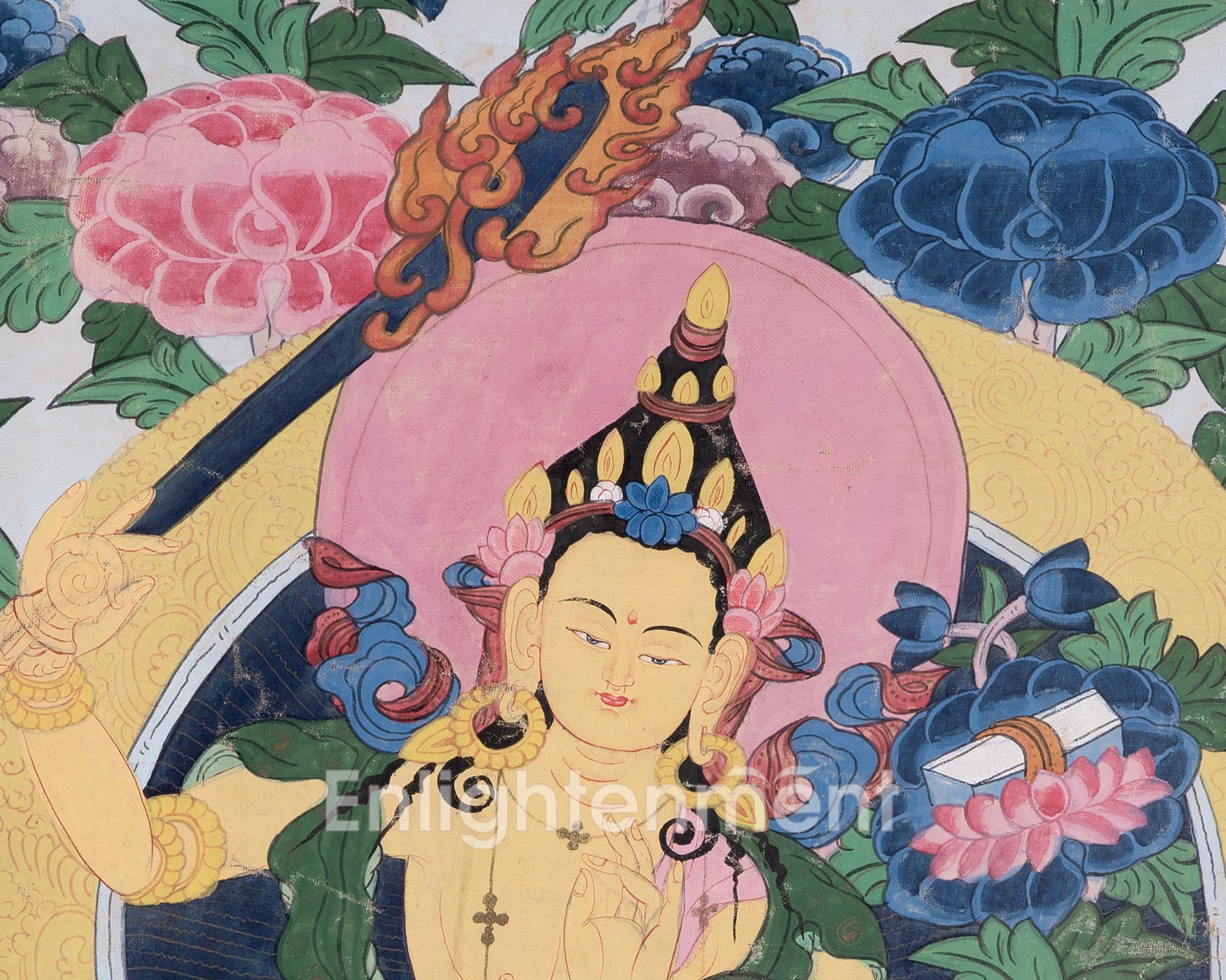 Exquisite Manjushree Thangka | Tibetan Buddha of Wisdom | Brocade Mounted