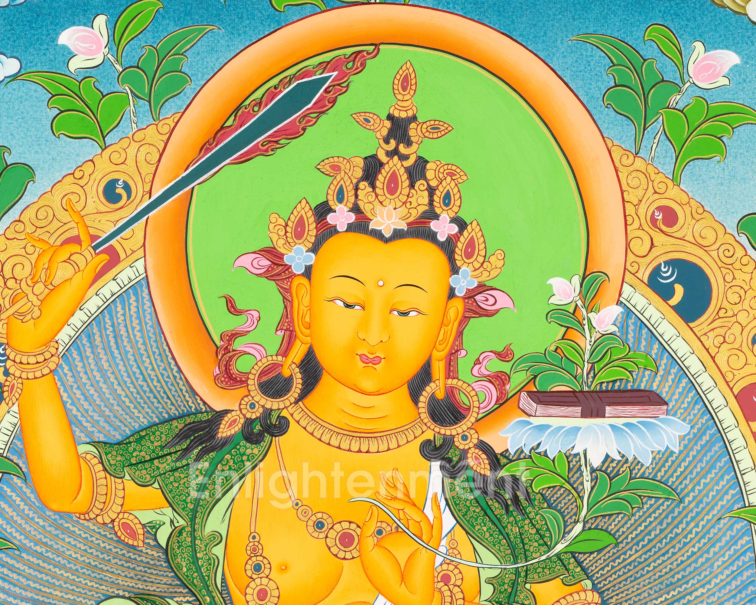 Manjushri Thangka  | Flanked By Avalokiteshvara And Vajrapani