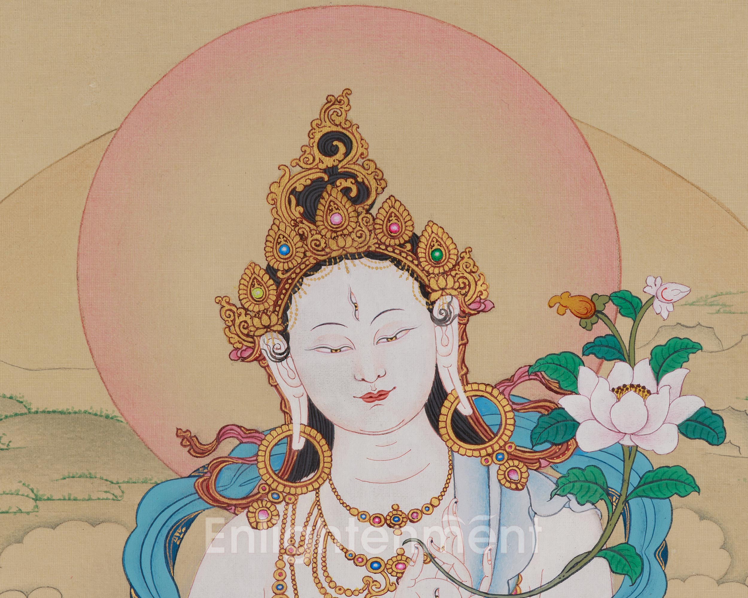 White Tara Healing Buddhist Art | Sacred Thangka of Compassion and Longevity
