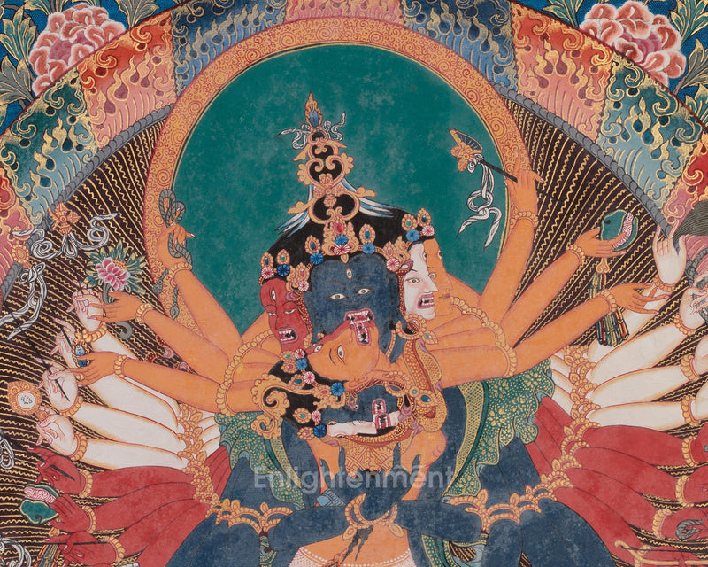 Kalachakra and Vishvamata, Yidam Deity Thangka | Red and Yellow Silk Brocade