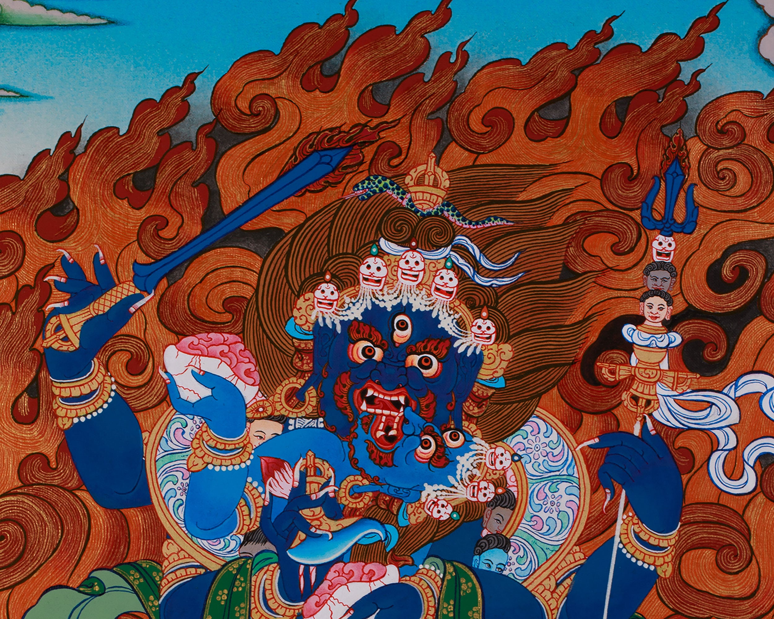 Four Armed Mahakala Thangka With Consort | Wrathful Dharmapala Wall Art