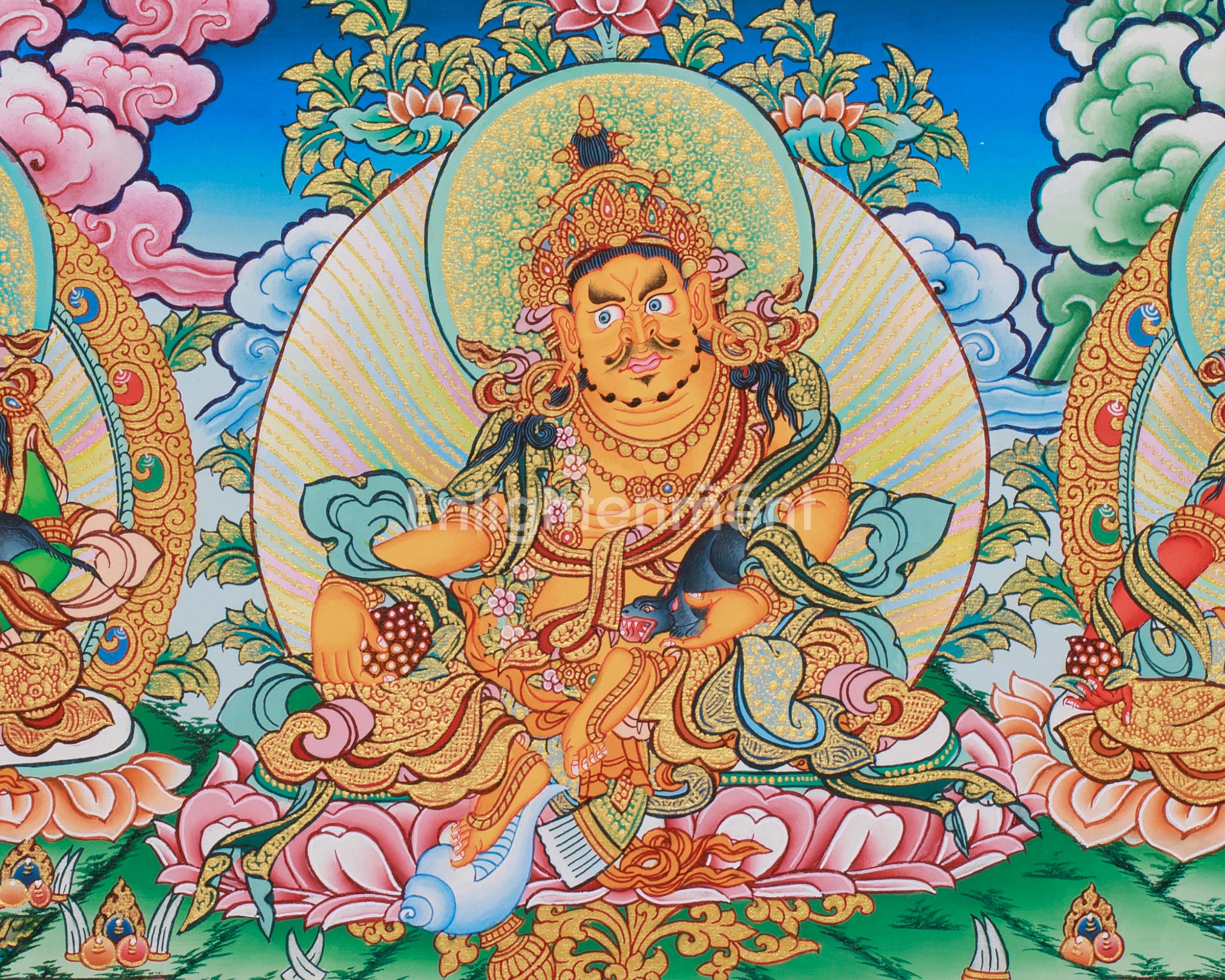 Tibetan Five Jambhalas Thangka | Buddhist Guardians of Wealth & Abundance