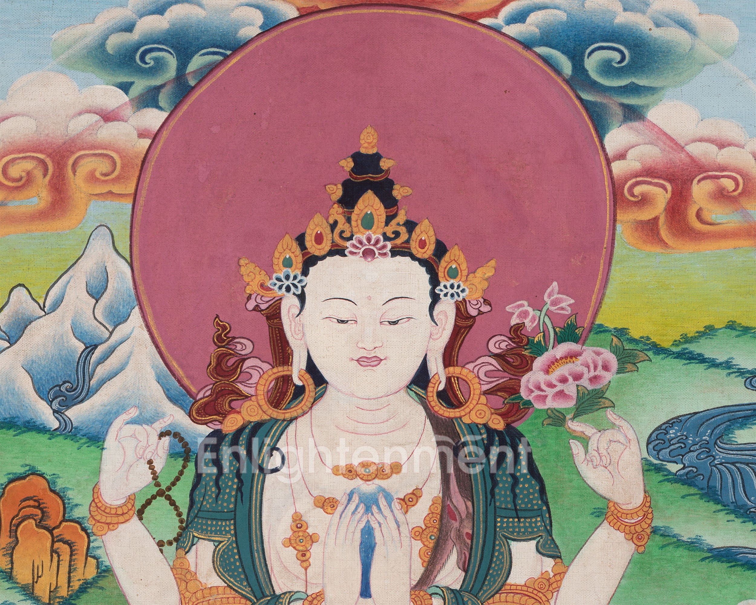 Original Vintage Chenrezig Thanka with Brocade | Traditional Thangka Art