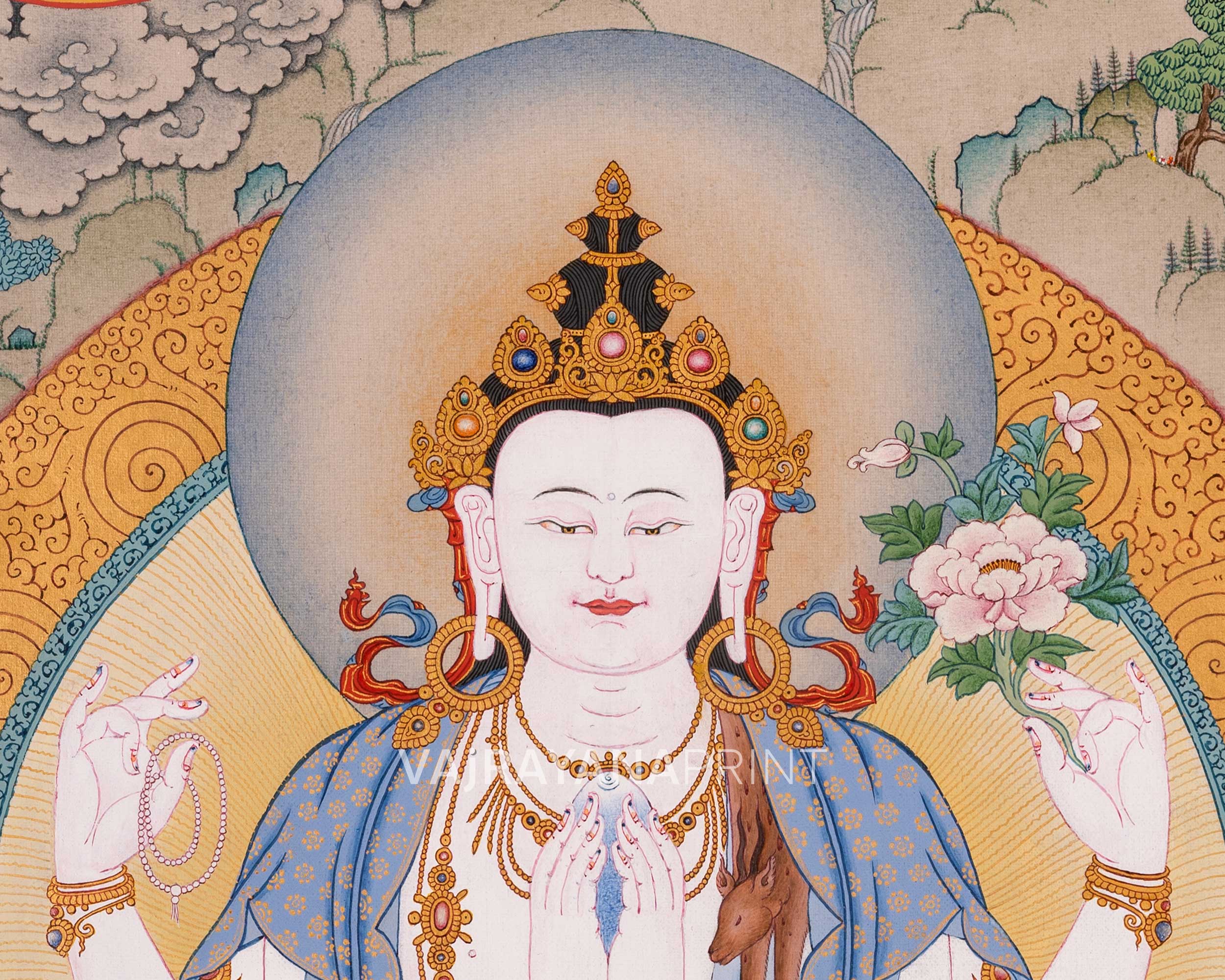 Four-Armed Avalokiteshvara Thangka Artwork Print | Traditional Bodhisattva Chenrezig on Cotton Canvas