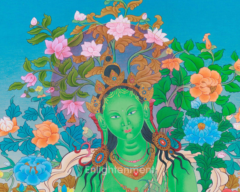 Green Tara Thangka Art | Karma Gadri Style Painting | Himalayan Wall Decor
