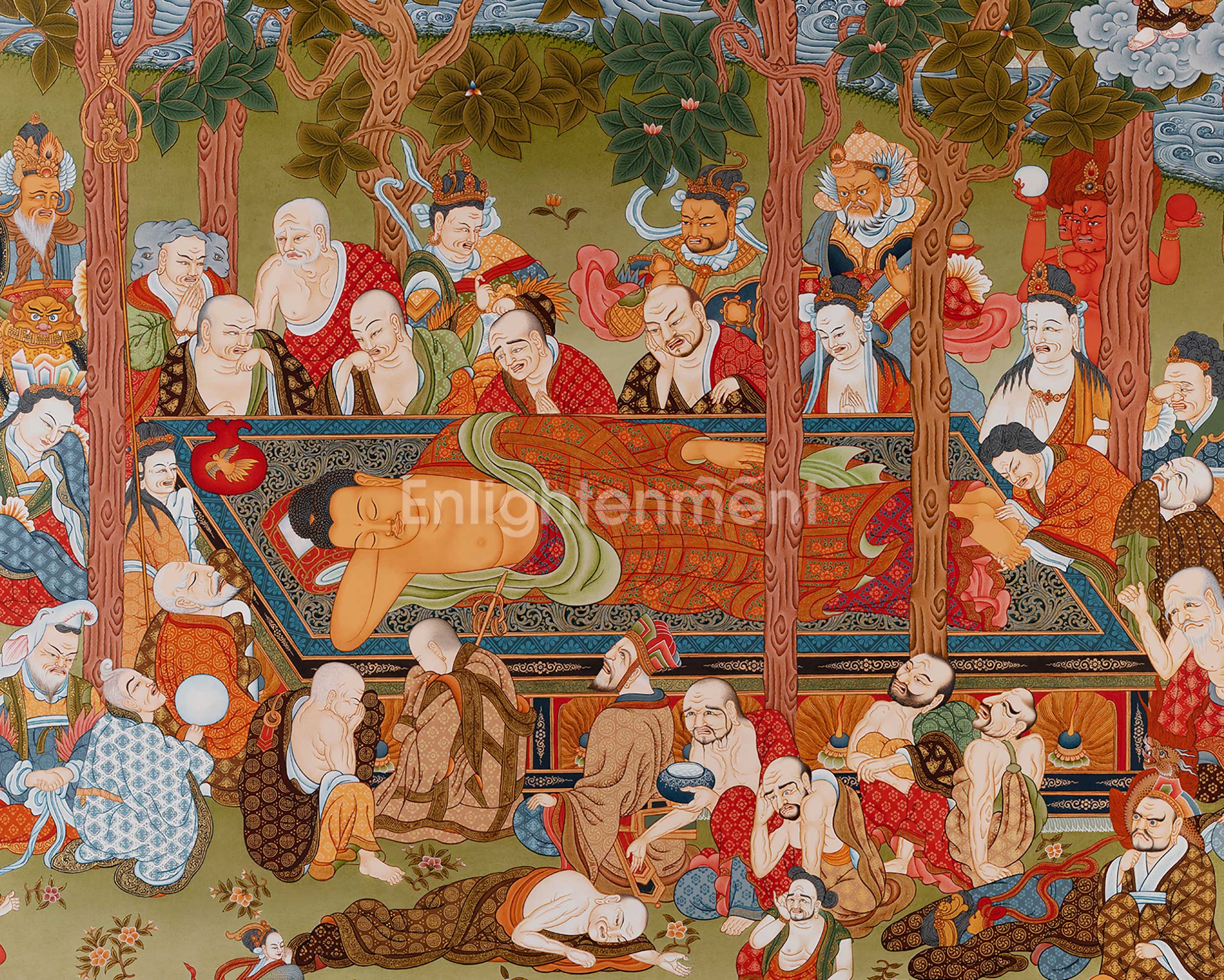 Buddha's Mahaparanirvana Thangka | Buddhist Handpainted Artwork | Wall Hanging Decor