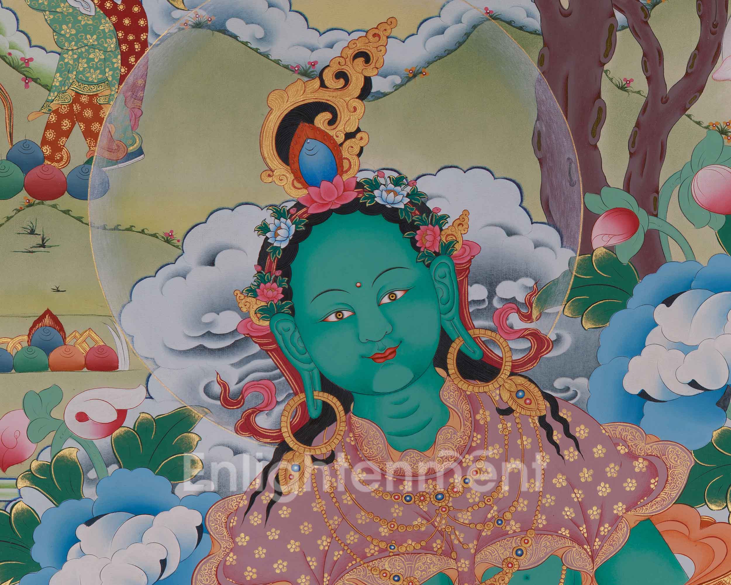Shyama Tara Buddhist Thangka | Compassionate Goddess Green Tara