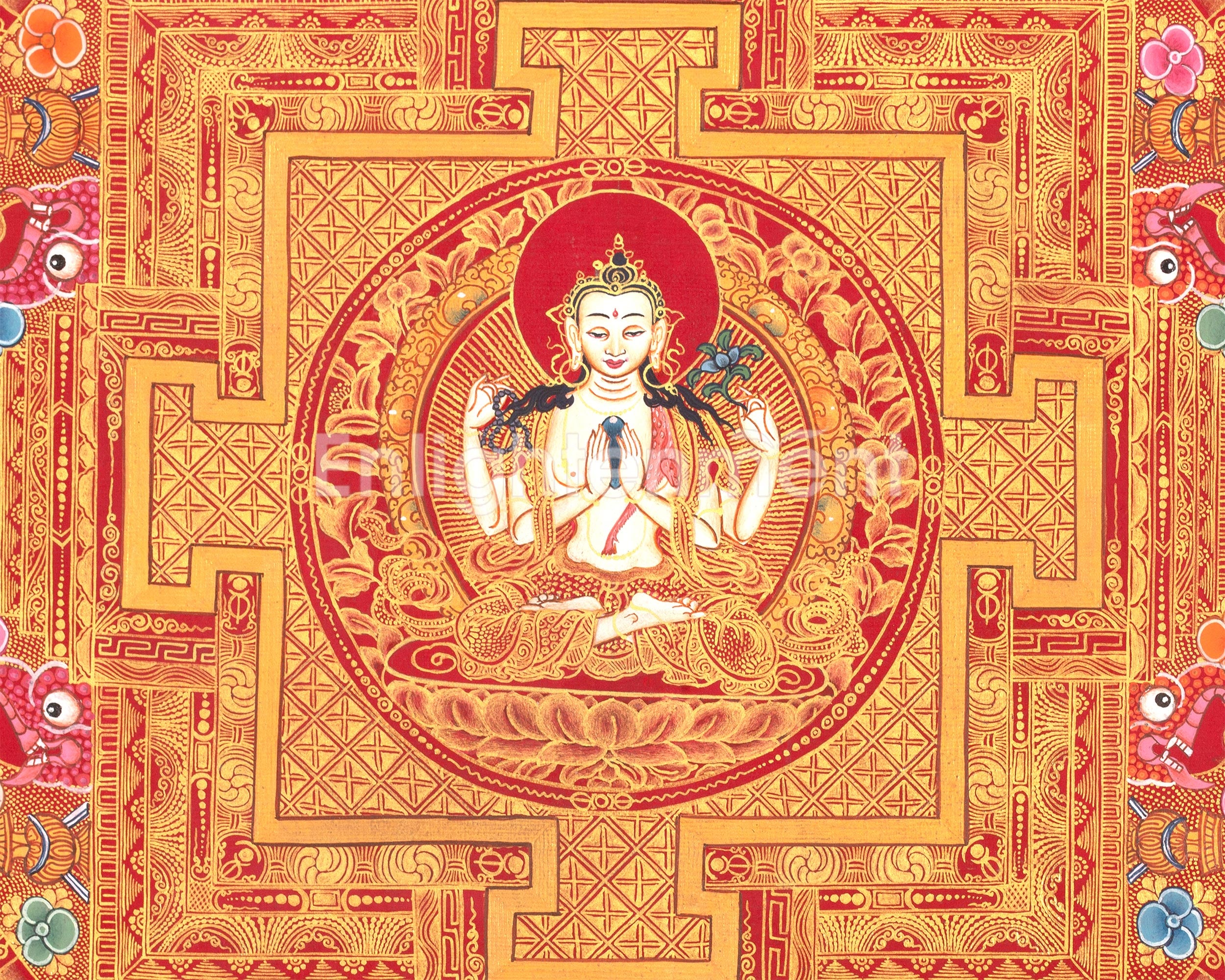 Chenresig Mandala | Buddha of Compassion | Red and Gold Thangka