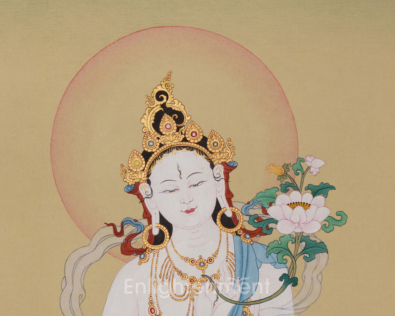 Goddess Dolma Karpo (White Tara) Thangka | Compassion, Healing, and Longevity