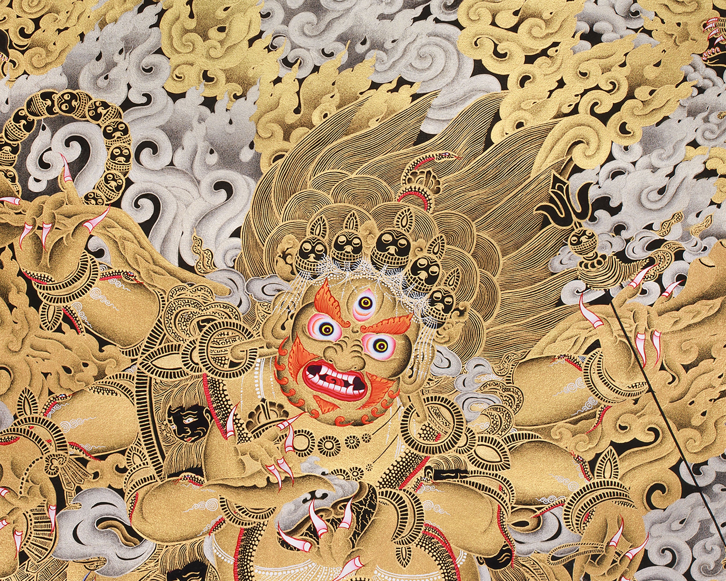 Majestic Gold & Silver Wrathful Six-Armed Mahakala Thangka | Protector of Dharma