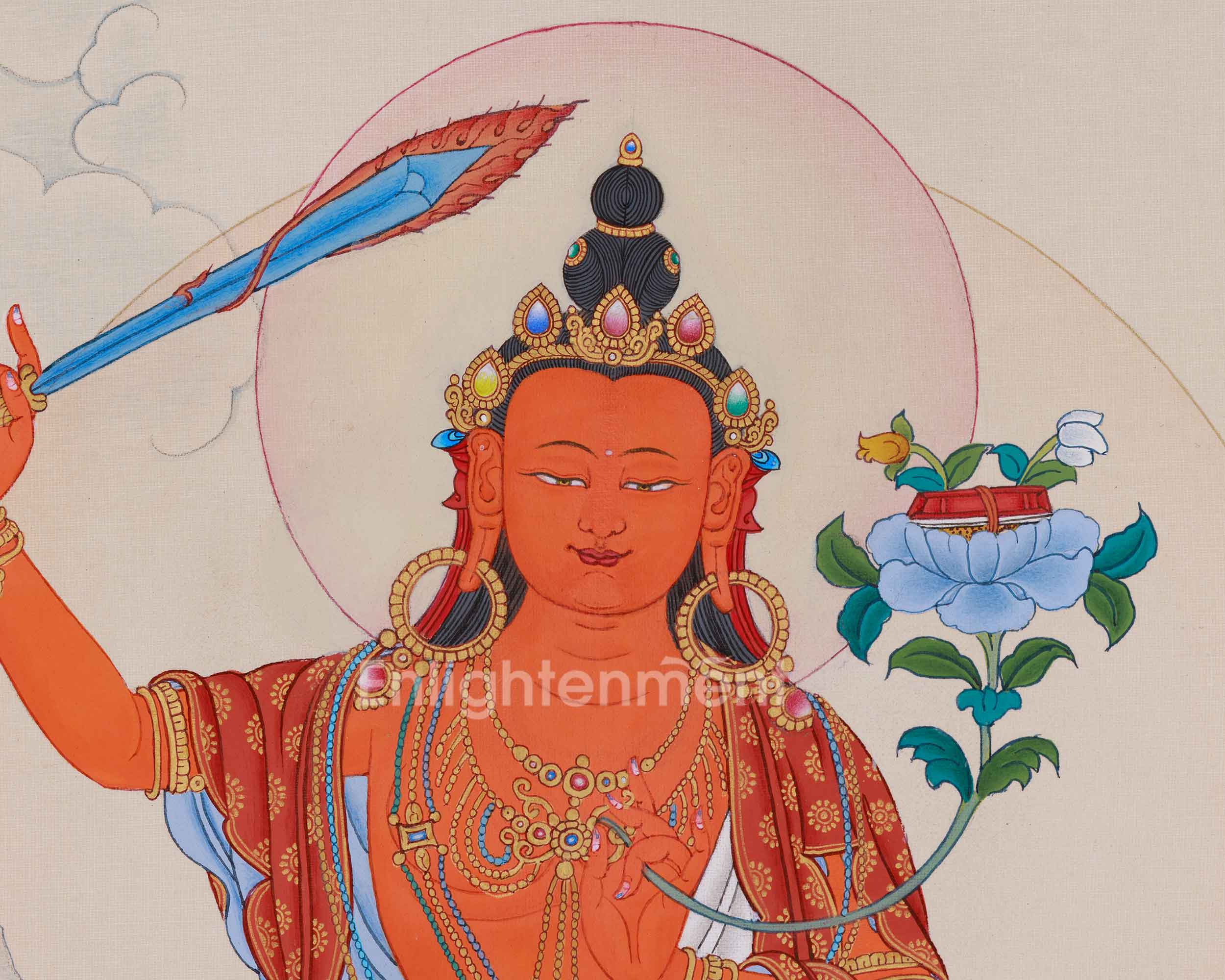 Beautifully Handmade Bodhisattva Manjushri Thangka | Buddha of Knowledge and Wisdom