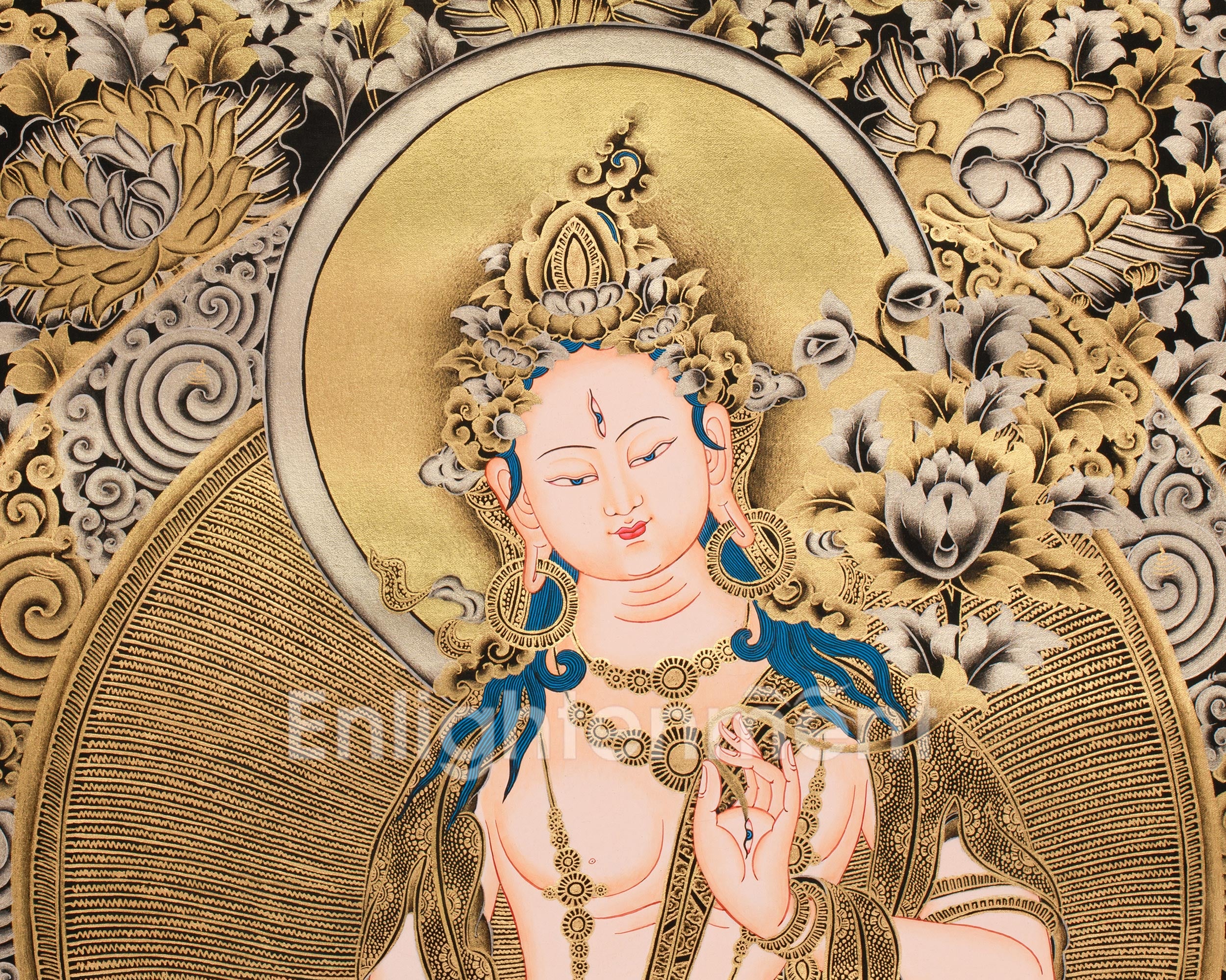 Regal 24K Gold Thangka of White Tara | Ethereal Presence of Goddess Dolma