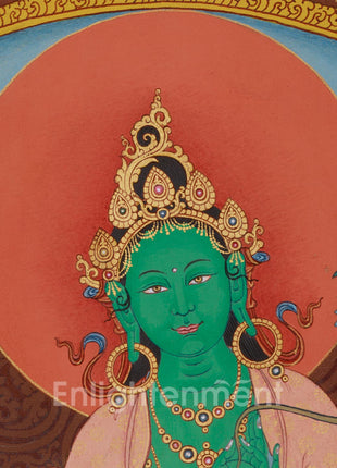 Elegant Green Tara Mantra Mandala | Embellished with Lhasa Stone Pigments & 24K Gold