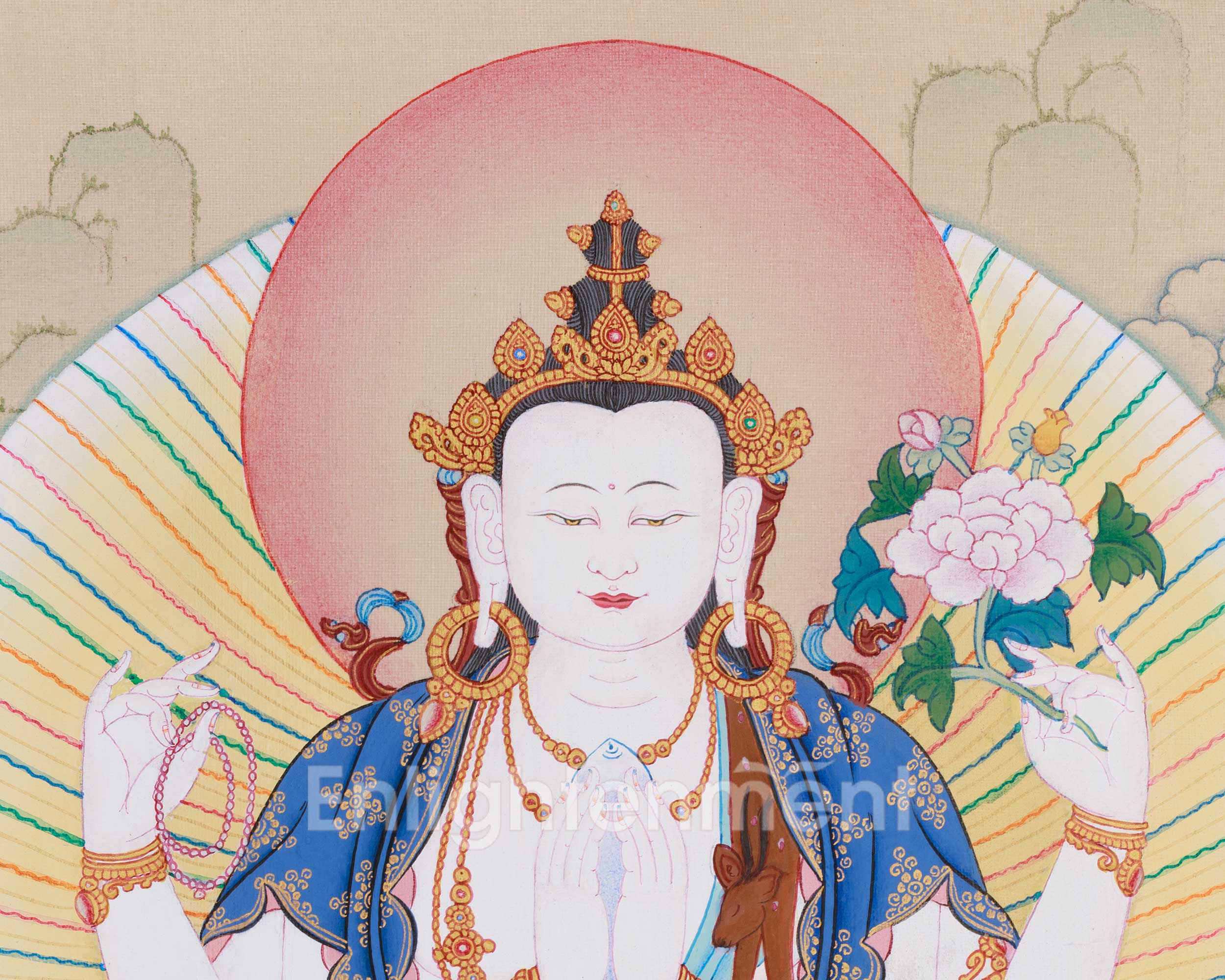 Thangka of Four-Armed Chenrezig, Compassion Buddha | With Manjushri and Vajrapani