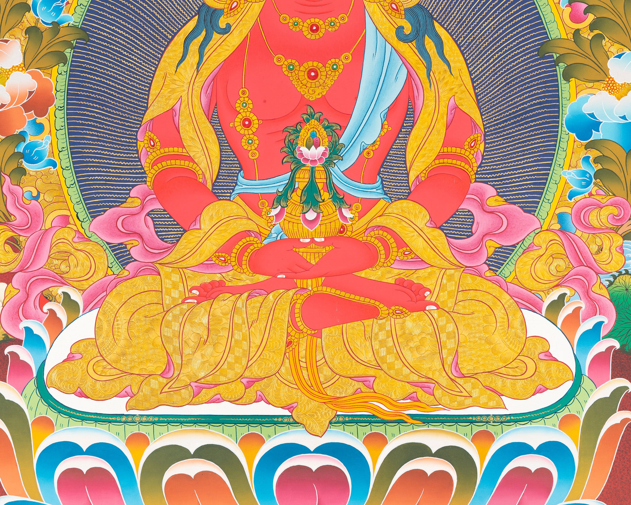 Hand-Painted Amitayus Buddha Thangka | Buddha of Longevity in Red Background