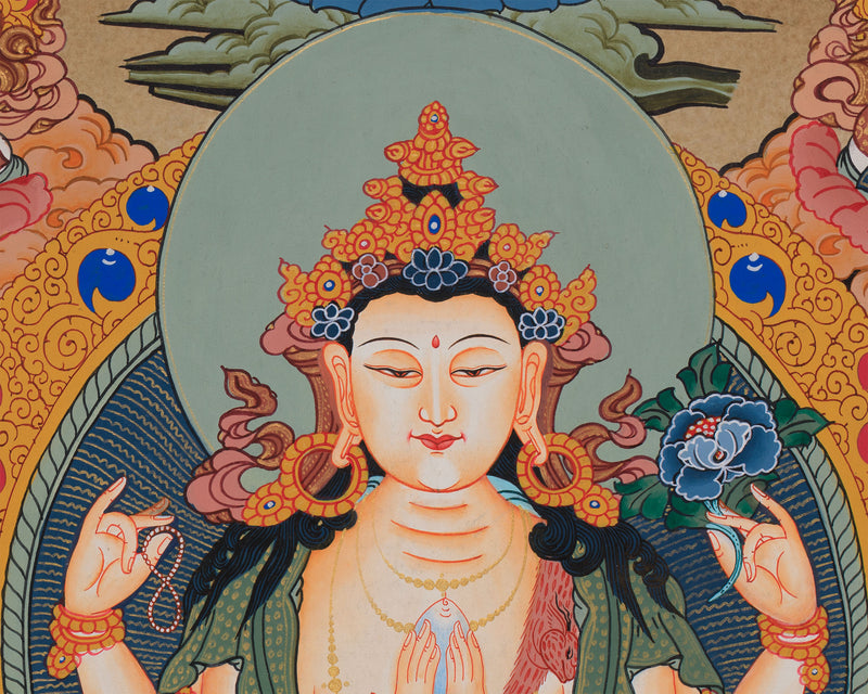 Avalokiteshvara Thangka with Buddhas and Bodhisattvas | Hand-Painted Himalayan Art