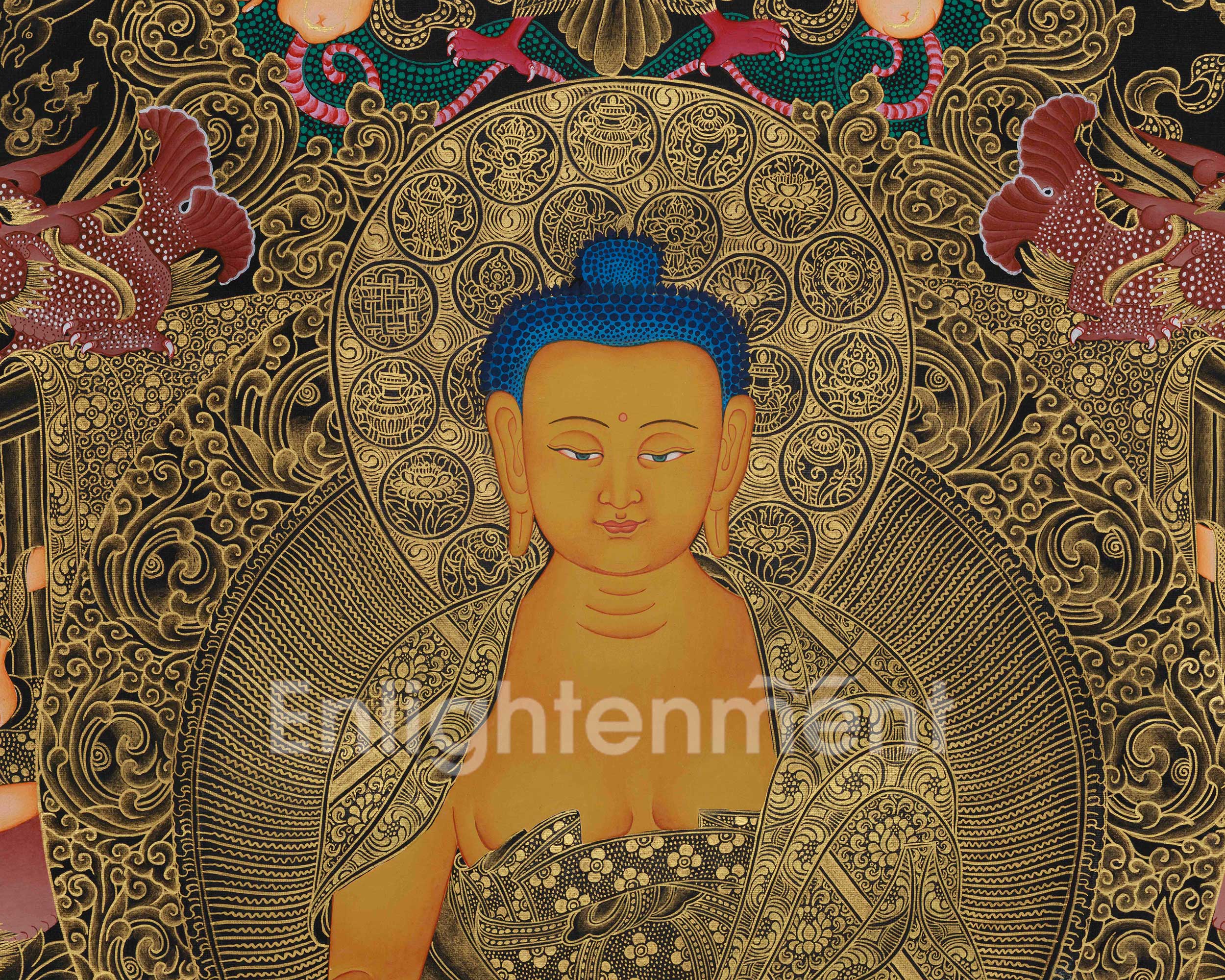 Imperial Presence Enlightened Teacher Shakyamuni Buddha | Opulent Gold Thangka of Buddha on Throne