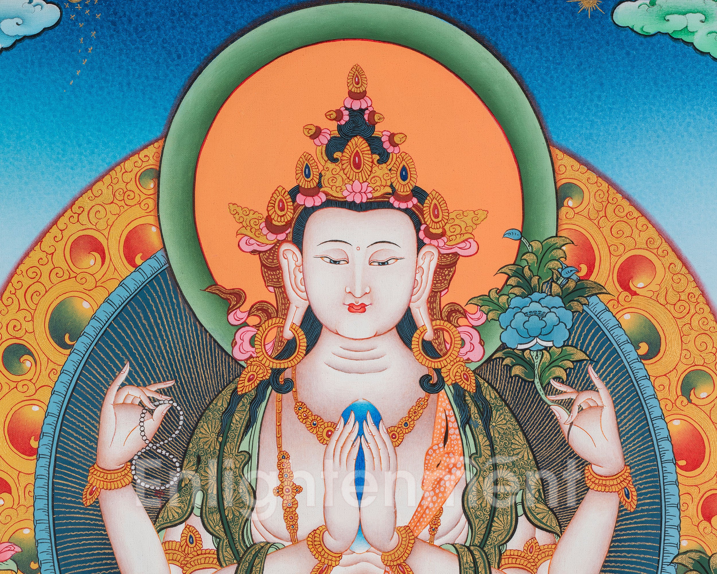Divine Deity Chenrezig | Hand-Painted Avalokiteshvara Thangka