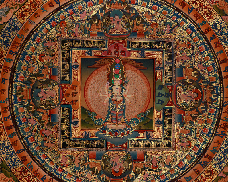 1000 Armed Chenrezig Mandala Thangka | Compassionate Protector and Divine Blessings