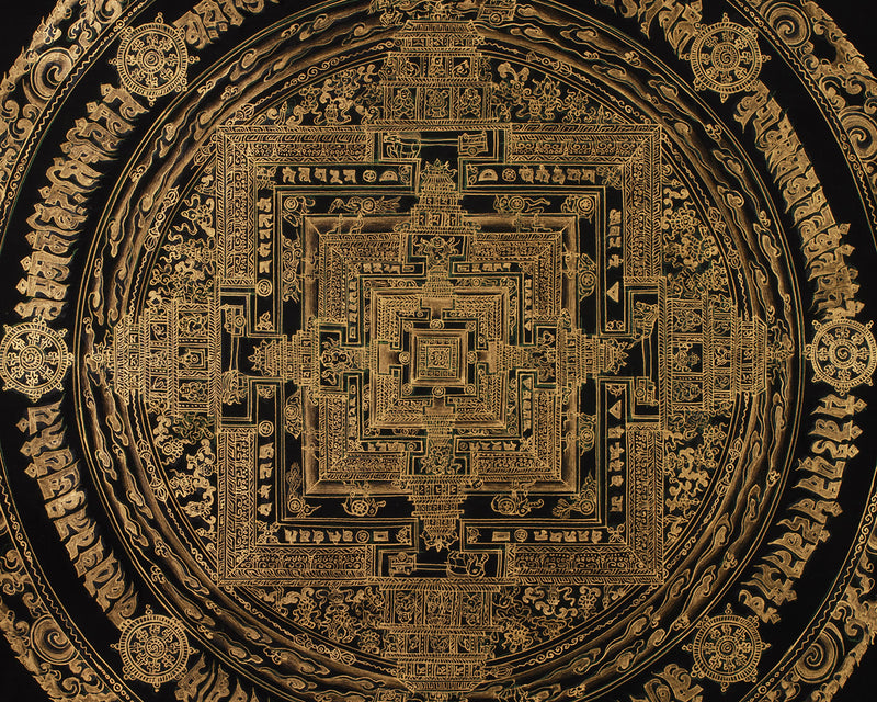 Hand-Painted Gold and Black Kalachakra Mandala | Sacred Wheel of Time Painting