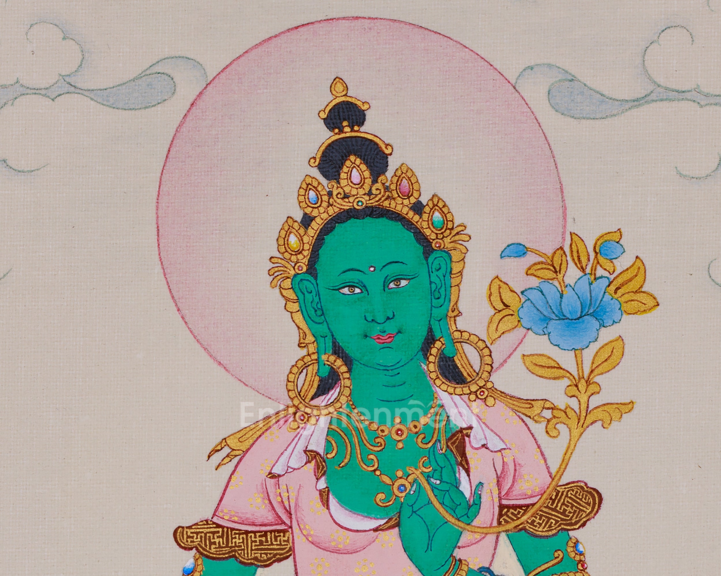 Radiant Arya Tara Thangka Embellished with Natural Stones