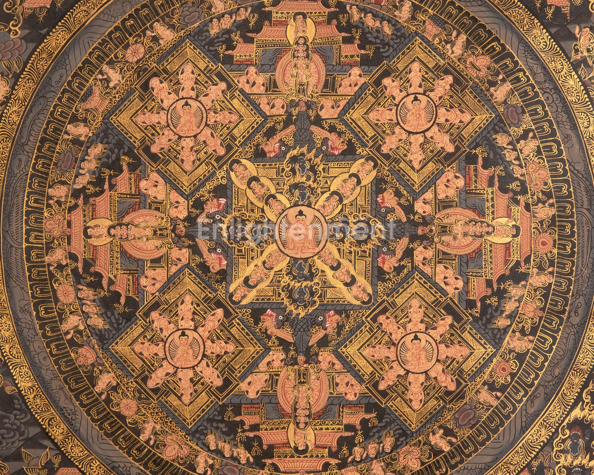 Dark Pancha Mandala With Brocade | Wall Decoration Painting