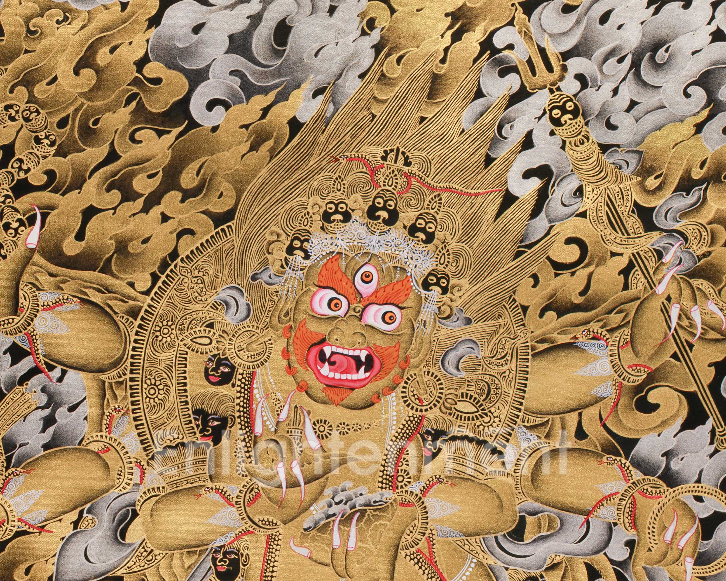 The Wrath of Mahakala | Pure Silver & Gold Embellished Thangka of the Dharma Protector