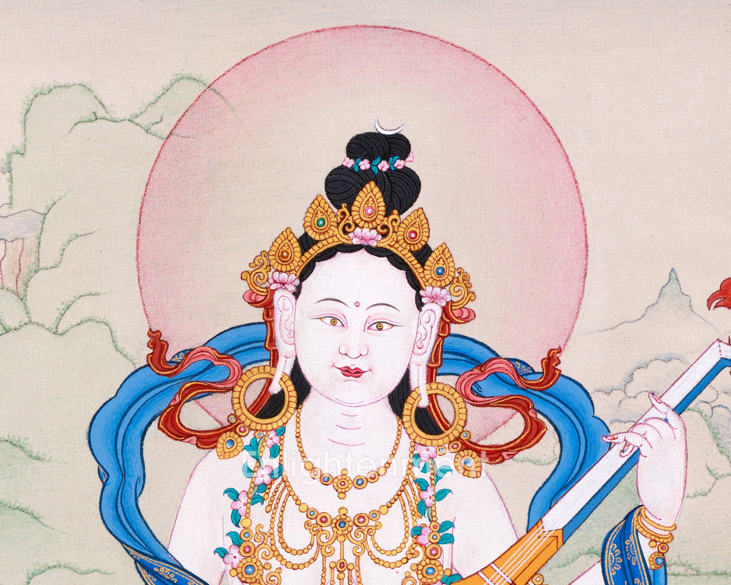 Saraswati Divine Grace Thangka | Hand-painted Goddess Art