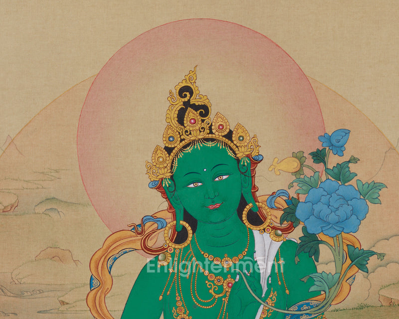 Spiritual Artwork of Goddess Green Tara | Artistic Elegance in Lhasa Stone Hues