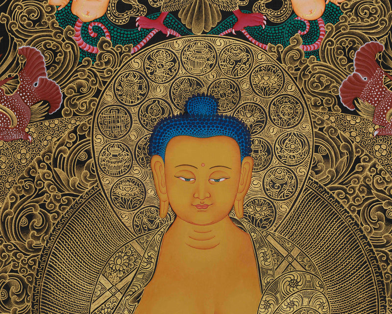 Imperial Presence Enlightened Teacher Shakyamuni Buddha | Opulent Gold Thangka of Buddha on Throne