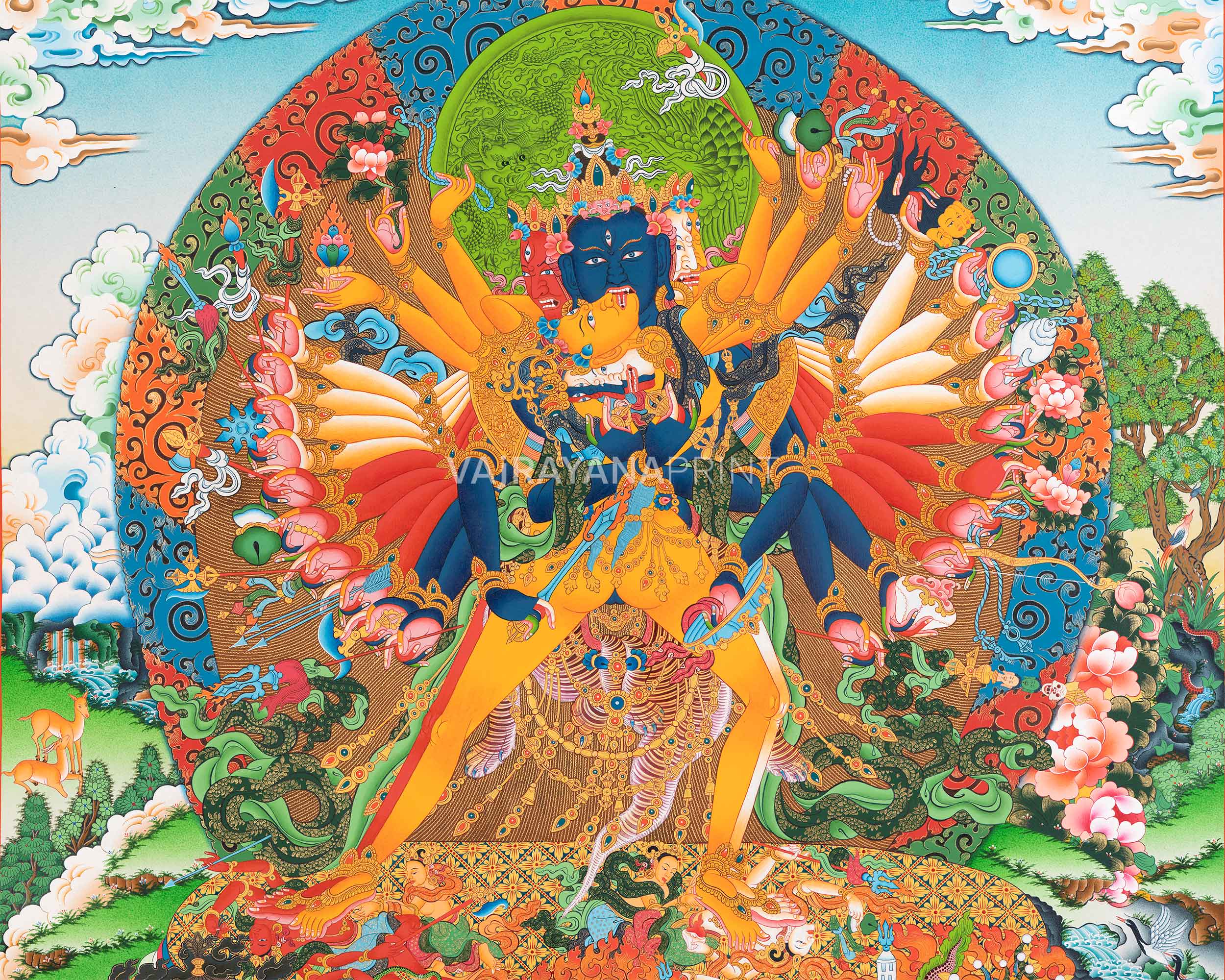 Kalachakra In Union With Consort Vajrayogini Giclee Print | The Wheel Of Supreme Bliss In Paubha Print