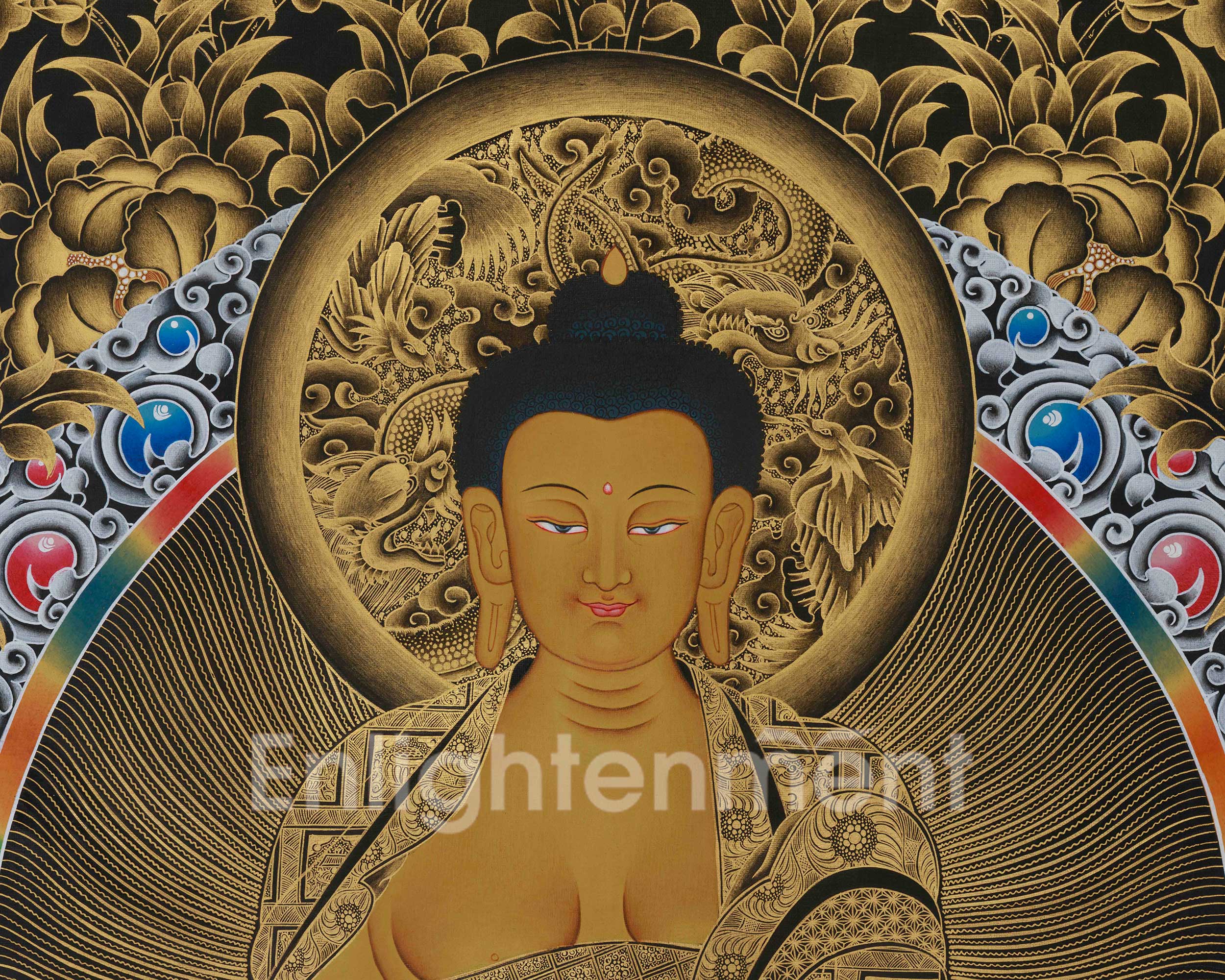 Gold Thangka of Shakyamuni Buddha | Five Dhyani Buddhas With Two Disciples