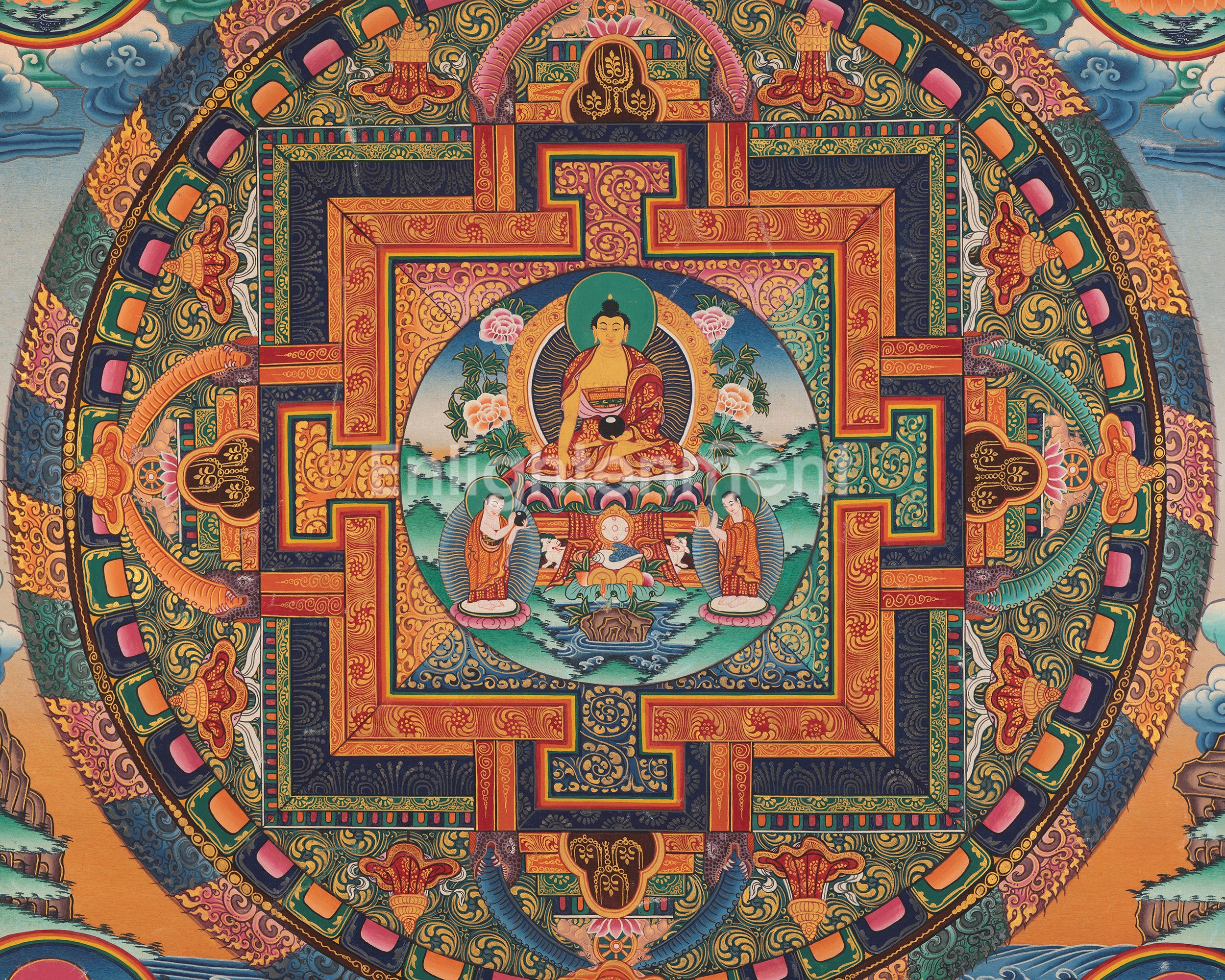 Five Dhyani Buddha Mandala | Vintage Handmade Thangka Painting