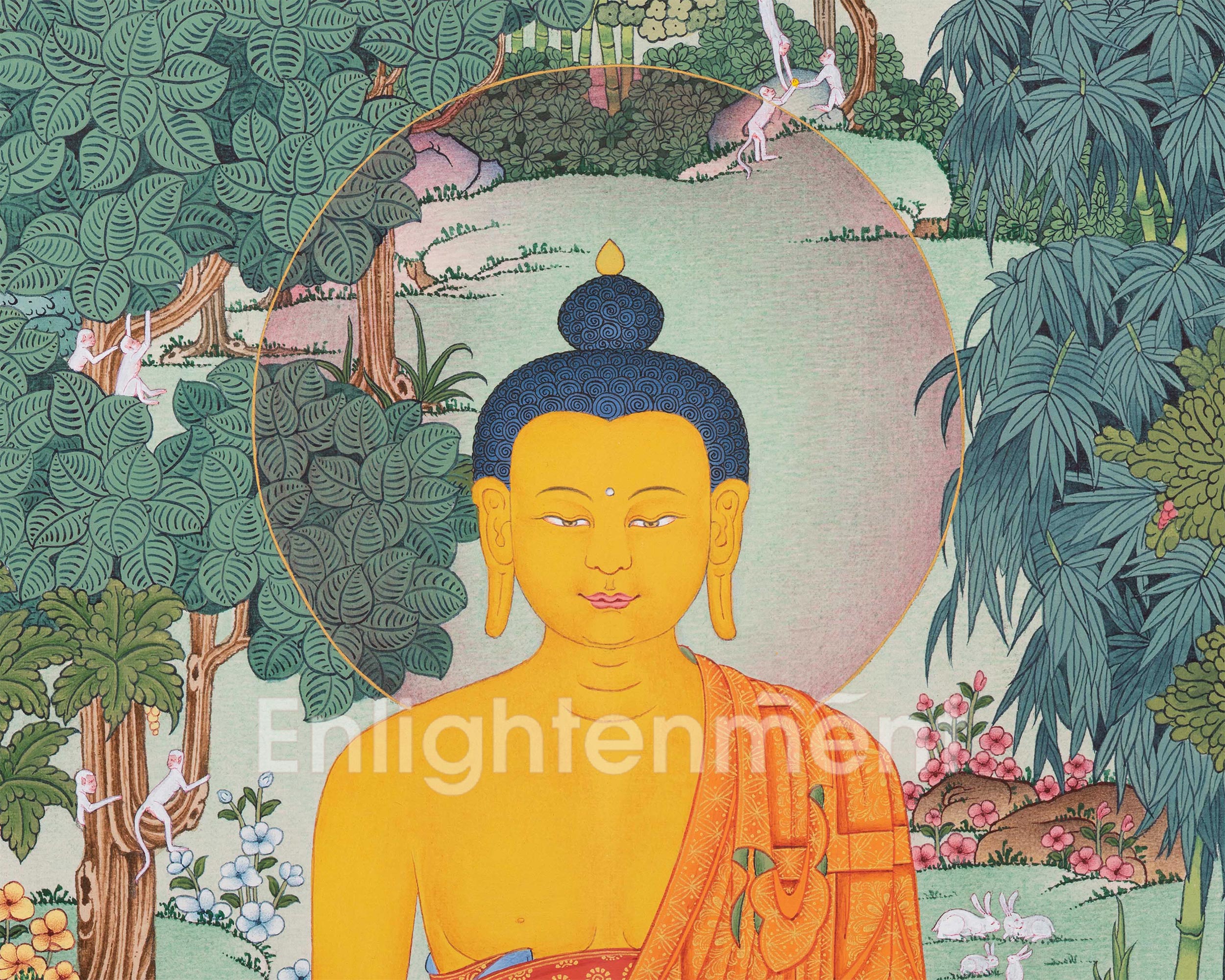Rare Tibetan Buddha Shakyamuni Thangka Surrounded by Nature | A Vision of Enlightenment