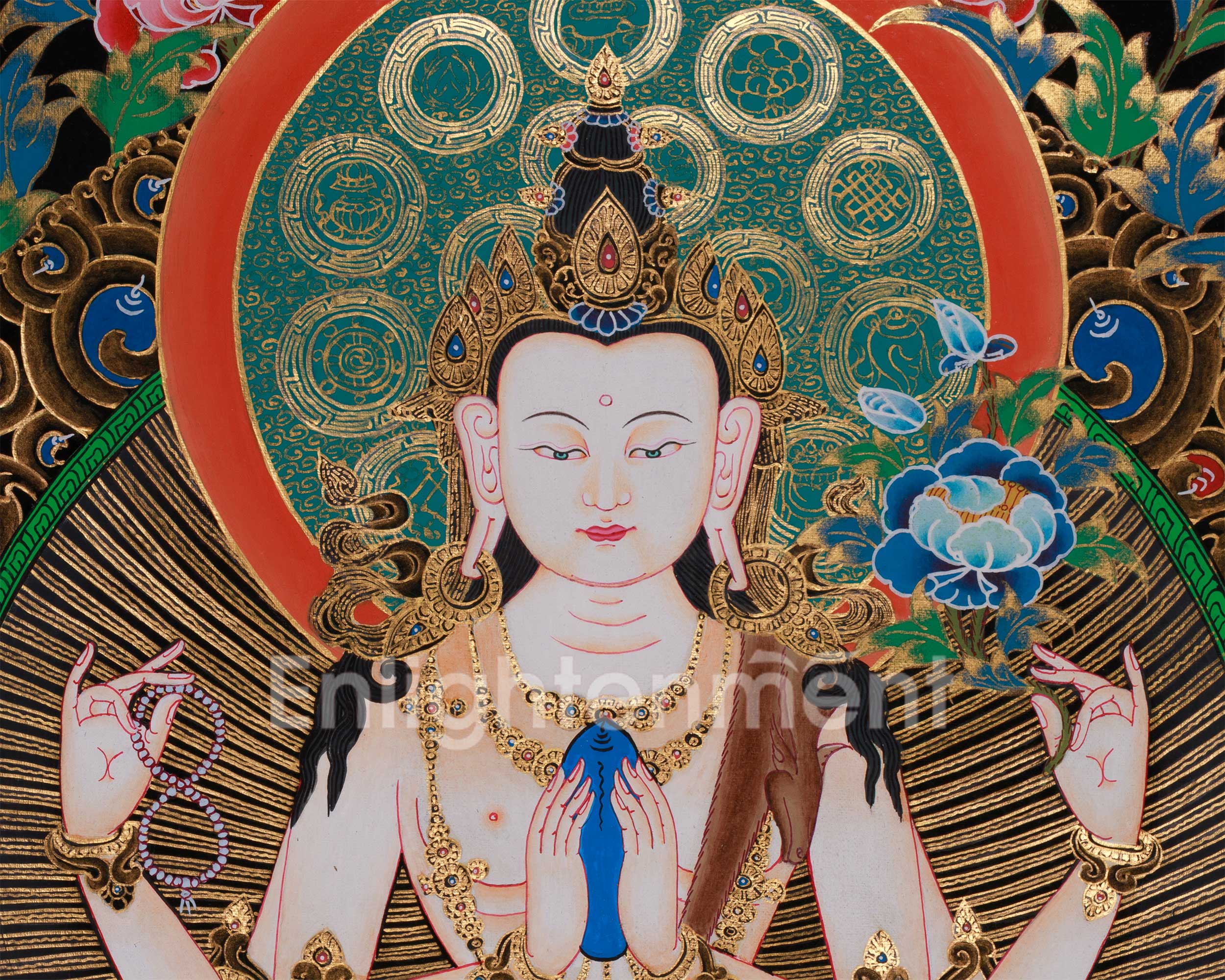 Four Armed Chenrezig Artwork |  Tibetan Thangka of the Bodhisattva of Compassion