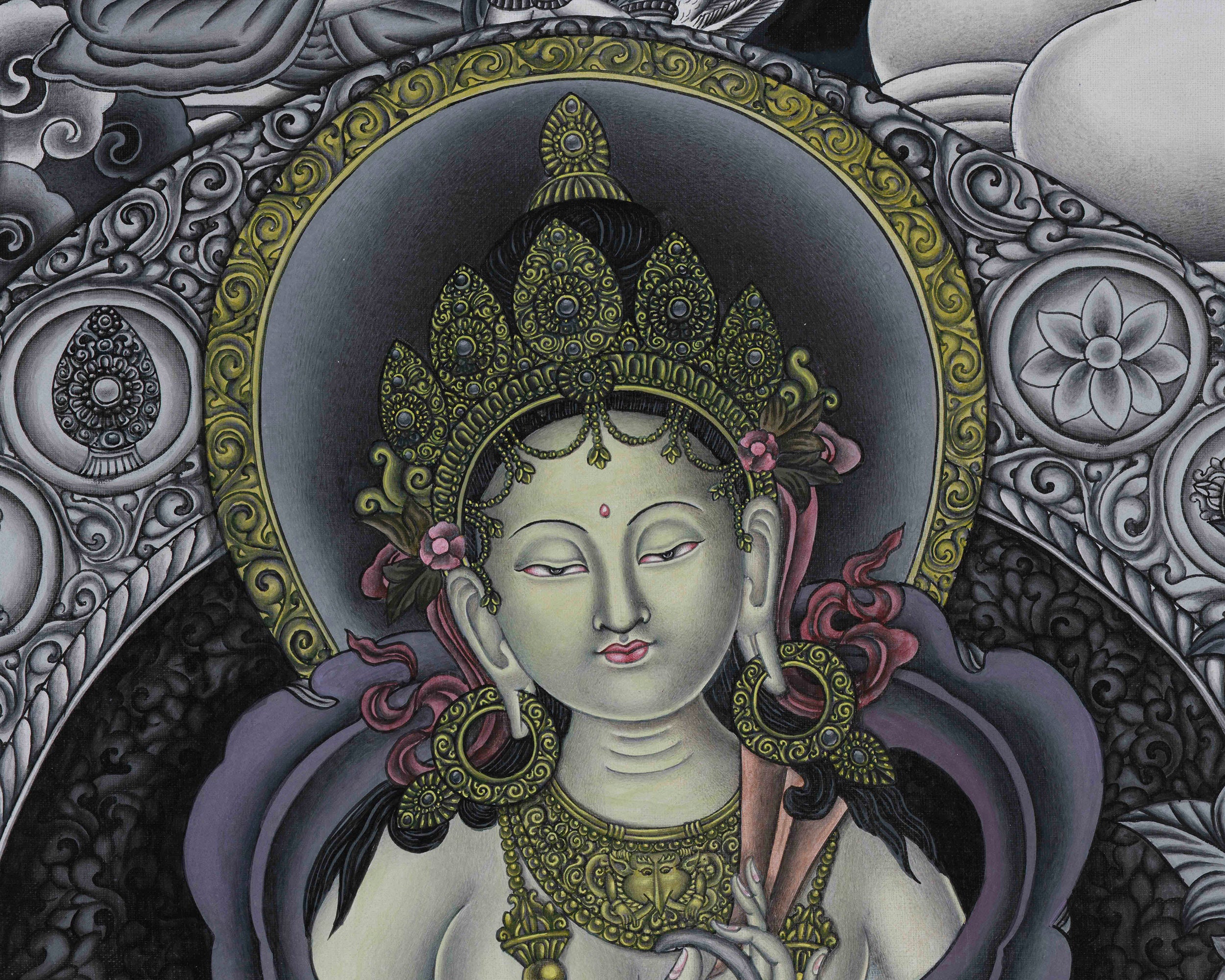 Signature Green Tara Thangka | Distinctive Blend of Color and Monochrome Serenity